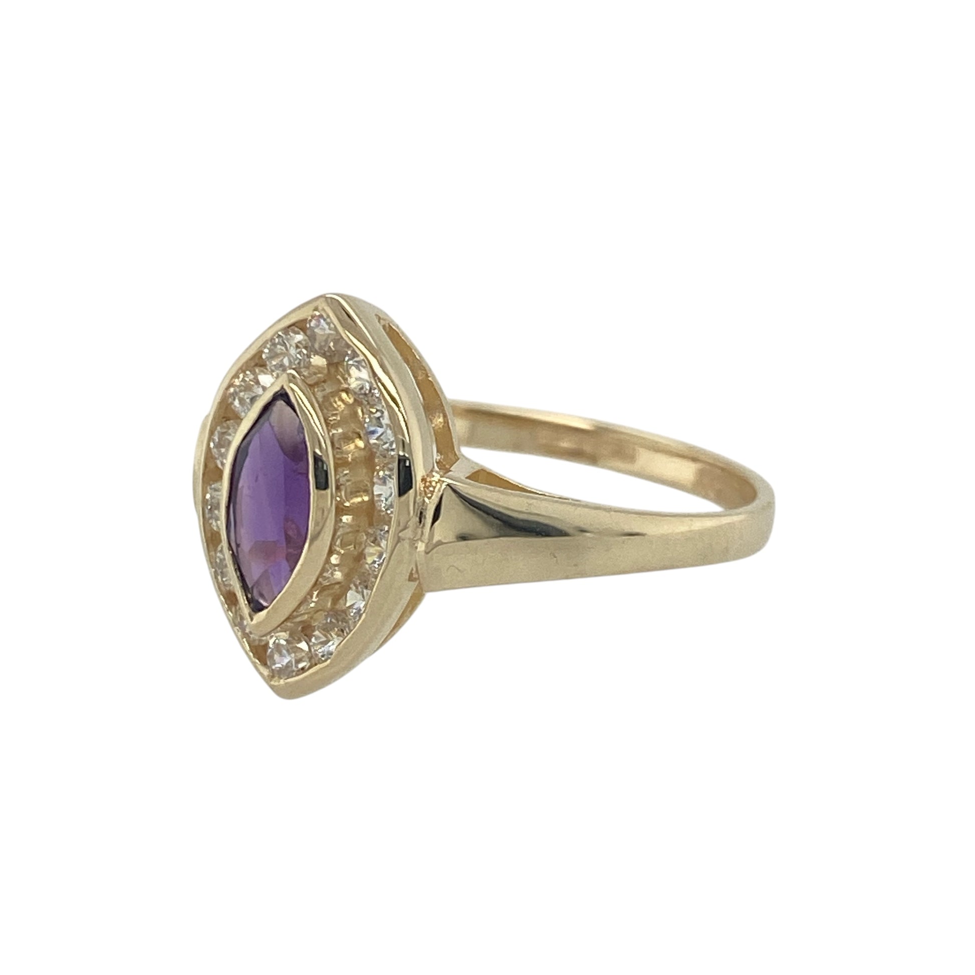 Add vibrant colour and sparkling elegance to your collection with this pre-owned 9ct yellow gold amethyst and cubic zirconia halo ring, offering a luxurious look with timeless appeal—perfect for special occasions or refined everyday wear.

Design: The ring features a striking 15mm halo design with a rich purple amethyst at the centre, surrounded by a border of shimmering cubic zirconia stones that enhance its brilliance and depth.

