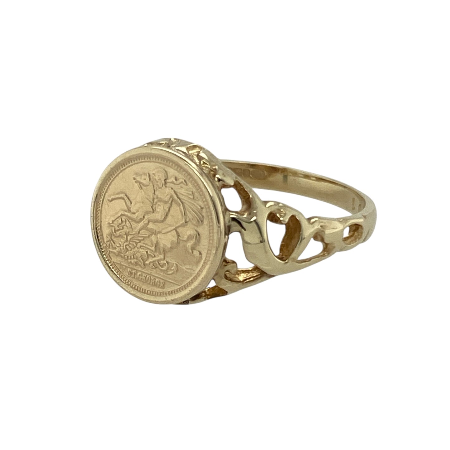 Bring historic charm and bold detail to your collection with this pre-owned 9ct yellow gold George and the Dragon coin-style ring—an eye-catching piece inspired by classic iconography.

Design: Featuring a 10mm-high coin-style front depicting the iconic George and the Dragon scene, the ring offers a striking and finely detailed focal point.
Material: Made in 9-carat yellow gold, the polished finish enhances the raised imagery with a warm, radiant shine.
