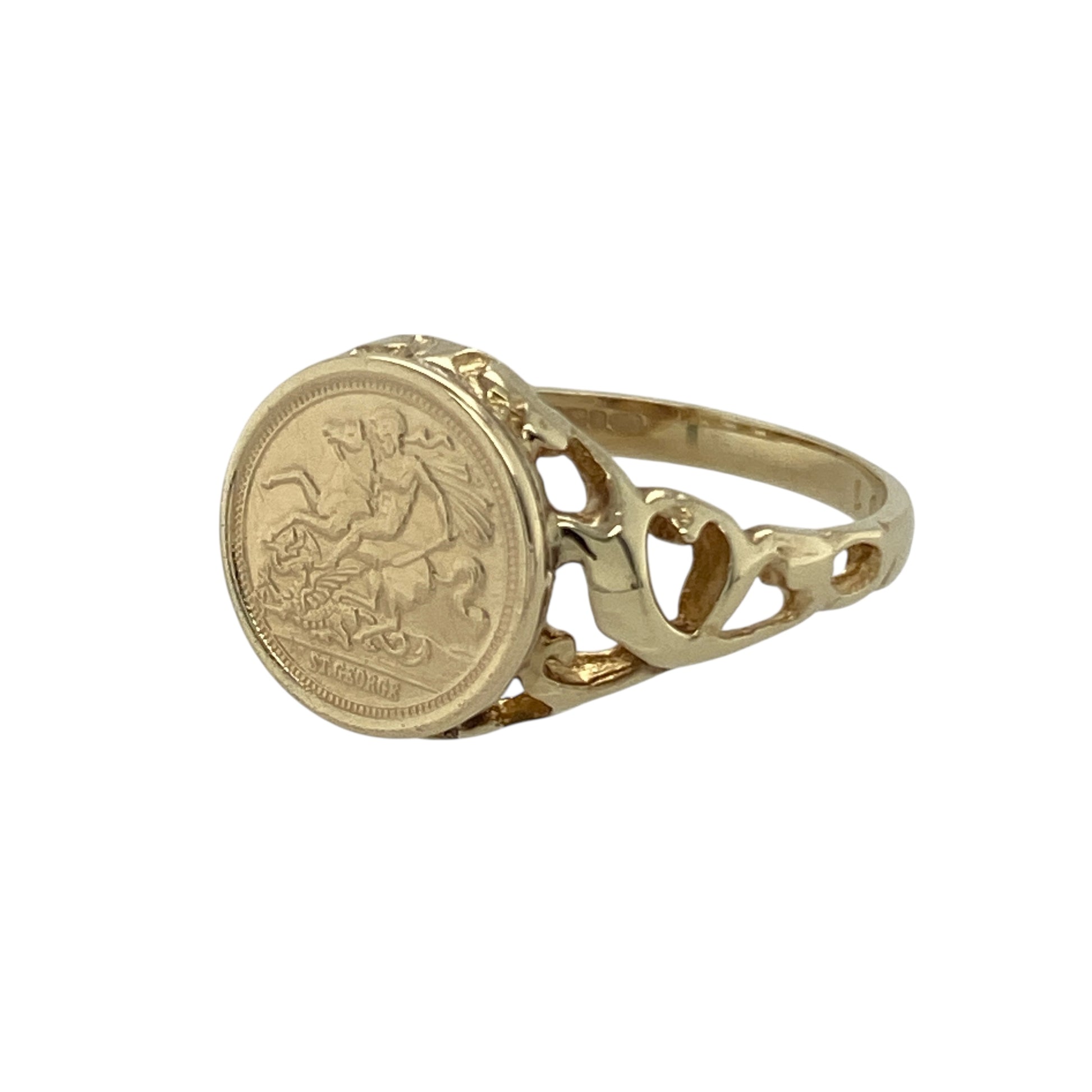 Bring historic charm and bold detail to your collection with this pre-owned 9ct yellow gold George and the Dragon coin-style ring—an eye-catching piece inspired by classic iconography.

Design: Featuring a 10mm-high coin-style front depicting the iconic George and the Dragon scene, the ring offers a striking and finely detailed focal point.
Material: Made in 9-carat yellow gold, the polished finish enhances the raised imagery with a warm, radiant shine.