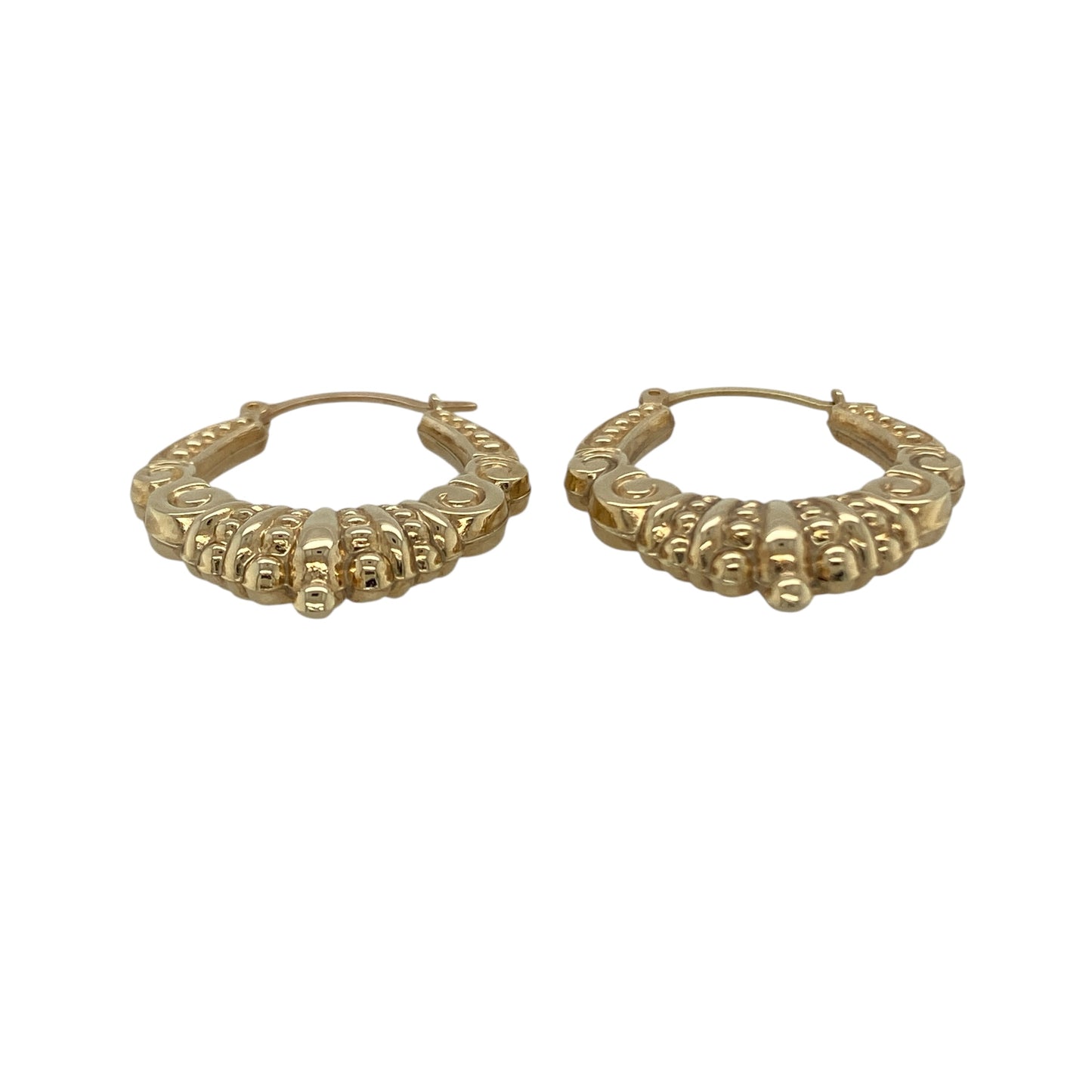 Bring elegant texture and classic shine to your collection with these pre-owned 9ct yellow gold fancy patterned creole earrings—an eye-catching pair with timeless appeal.

Design: Featuring a traditional creole shape enhanced with a refined fancy patterned finish, these earrings offer a beautifully detailed look that adds depth and character.
Material: Made in 9-carat yellow gold, the polished surface highlights the intricate patterning with a warm, radiant glow.