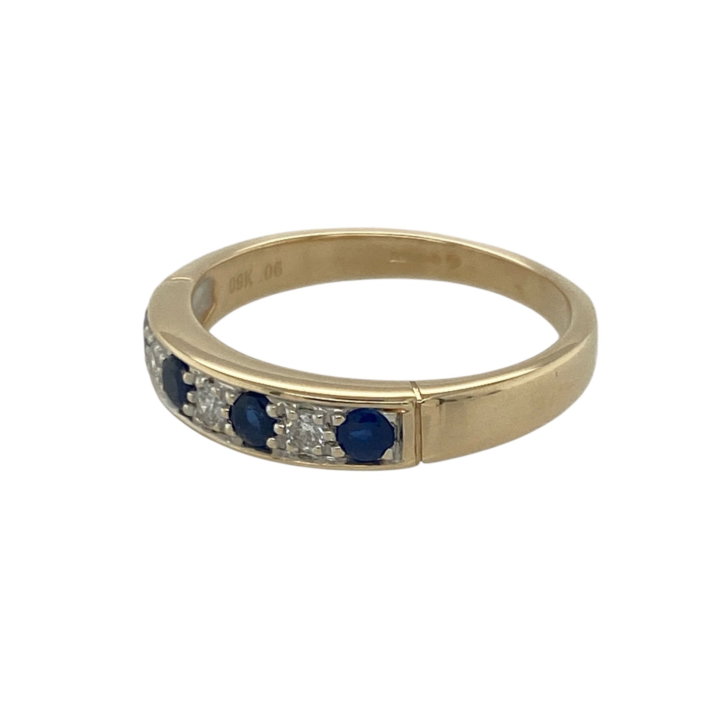 Bring elegant contrast and timeless sparkle to your collection with this pre-owned 9ct yellow and white gold diamond and sapphire band ring—an exquisite piece offering refined colour, subtle brilliance, and everyday sophistication.

Design: This size M band features a 3.5mm wide front adorned with alternating round sapphires (each 3mm in diameter) and diamonds, creating a balanced and graceful arrangement of classic gemstones.
