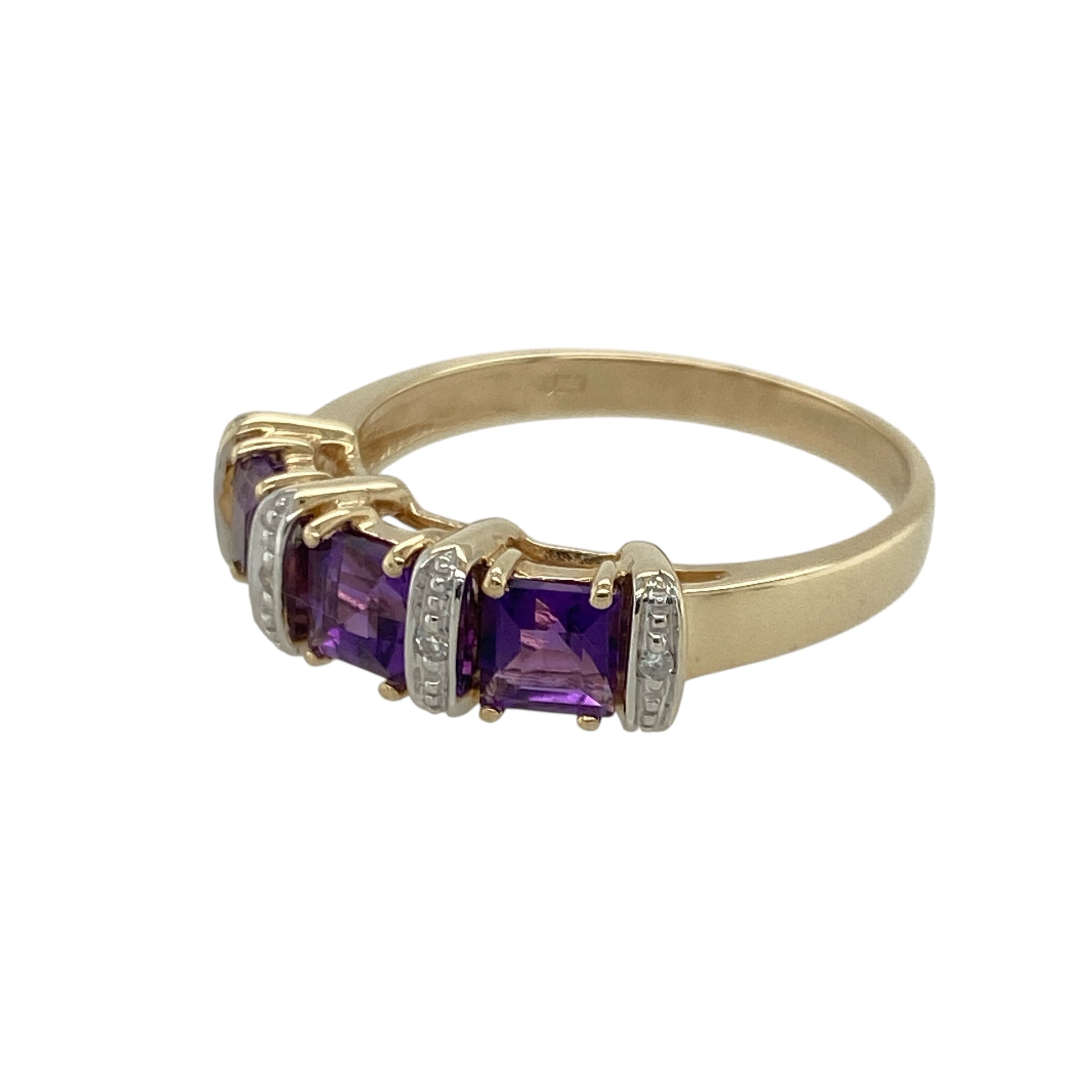 Bring vibrant colour and elegant contrast to your collection with this pre-owned 9ct yellow and white gold diamond and amethyst band ring—an eye-catching piece offering rich tones, subtle sparkle, and timeless charm.

Design: This size P band features striking 4mm by 4mm square-cut amethysts, complemented by sparkling diamonds arranged in a refined, balanced layout across the front of the ring.