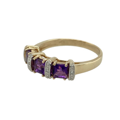 Bring vibrant colour and elegant contrast to your collection with this pre-owned 9ct yellow and white gold diamond and amethyst band ring—an eye-catching piece offering rich tones, subtle sparkle, and timeless charm.

Design: This size P band features striking 4mm by 4mm square-cut amethysts, complemented by sparkling diamonds arranged in a refined, balanced layout across the front of the ring.