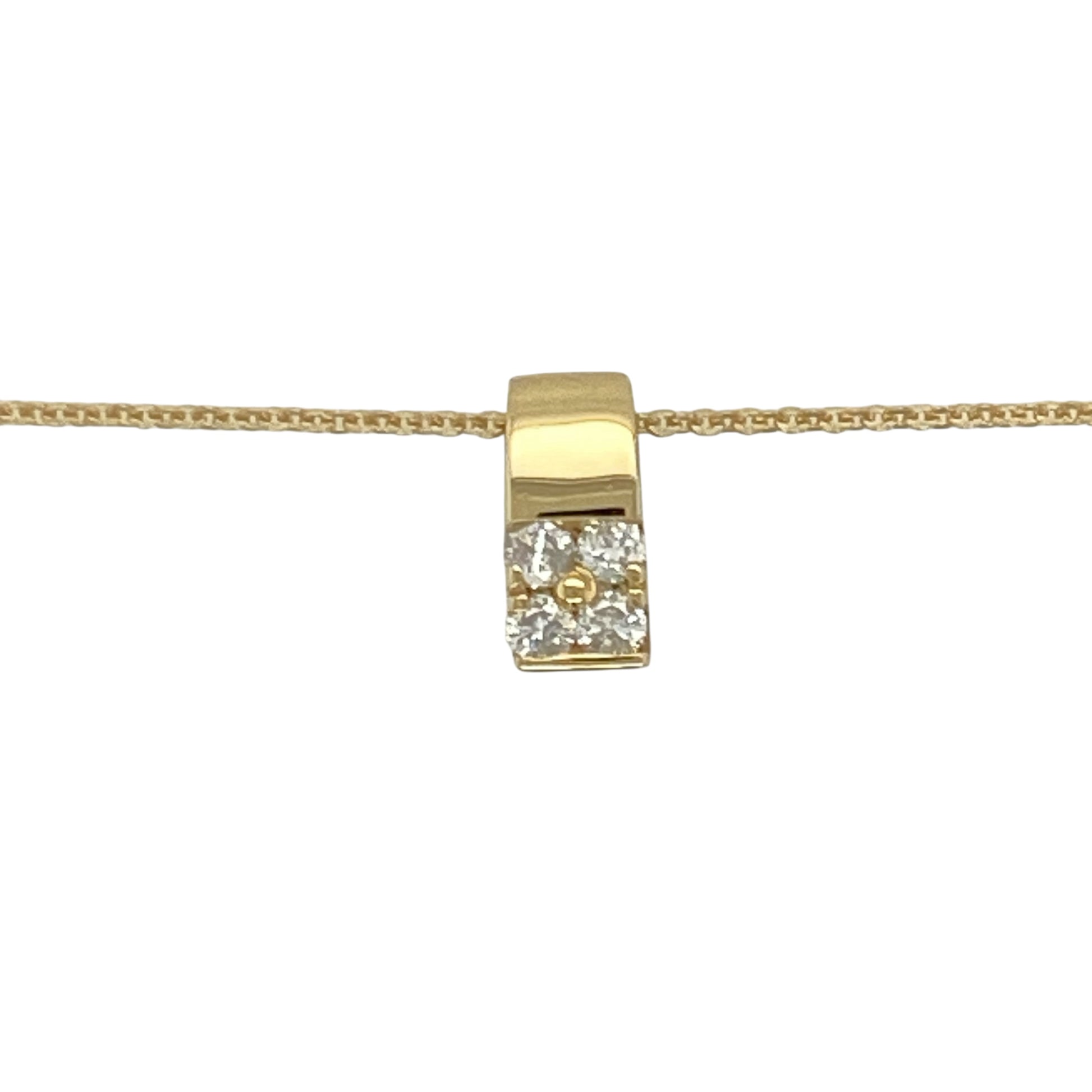 Bring modern elegance and subtle sparkle to your collection with this pre-owned 9ct yellow gold diamond bar pendant necklace—an understated piece offering refined shine and everyday sophistication.

Design: This 16" necklace features a sleek 10mm bar pendant set with four diamonds, offering a clean, contemporary look with approximately 0.12ct of total diamond content.