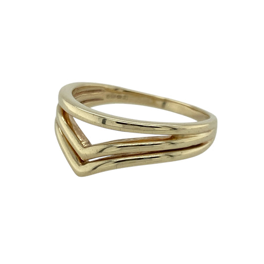 Bring graceful curves and elegant simplicity to your collection with this pre-owned 9ct yellow gold double wishbone ring—an attractive piece offering timeless style and a distinctive flowing shape.

Design: This size P band features a 9mm wide double wishbone front, creating a smooth, sweeping silhouette that adds depth and visual interest to the classic band form.
Material: Made from 9-carat yellow gold, the warm tone enhances the ring’s refined design and polished finish.