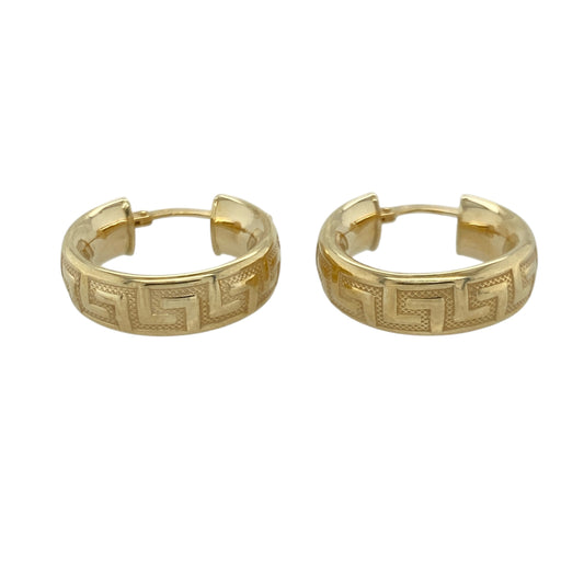 Bring bold detail and classic style to your collection with these pre-owned 9ct yellow gold Greek key creole earrings—an elegant pair offering timeless design and everyday sophistication.

Design: These hoop earrings feature an intricate Greek key pattern, adding texture, depth, and a distinctive decorative touch to the traditional creole shape.
Material: Made from 9-carat yellow gold, the earrings display a warm, polished shine that highlights the detailed patterning.