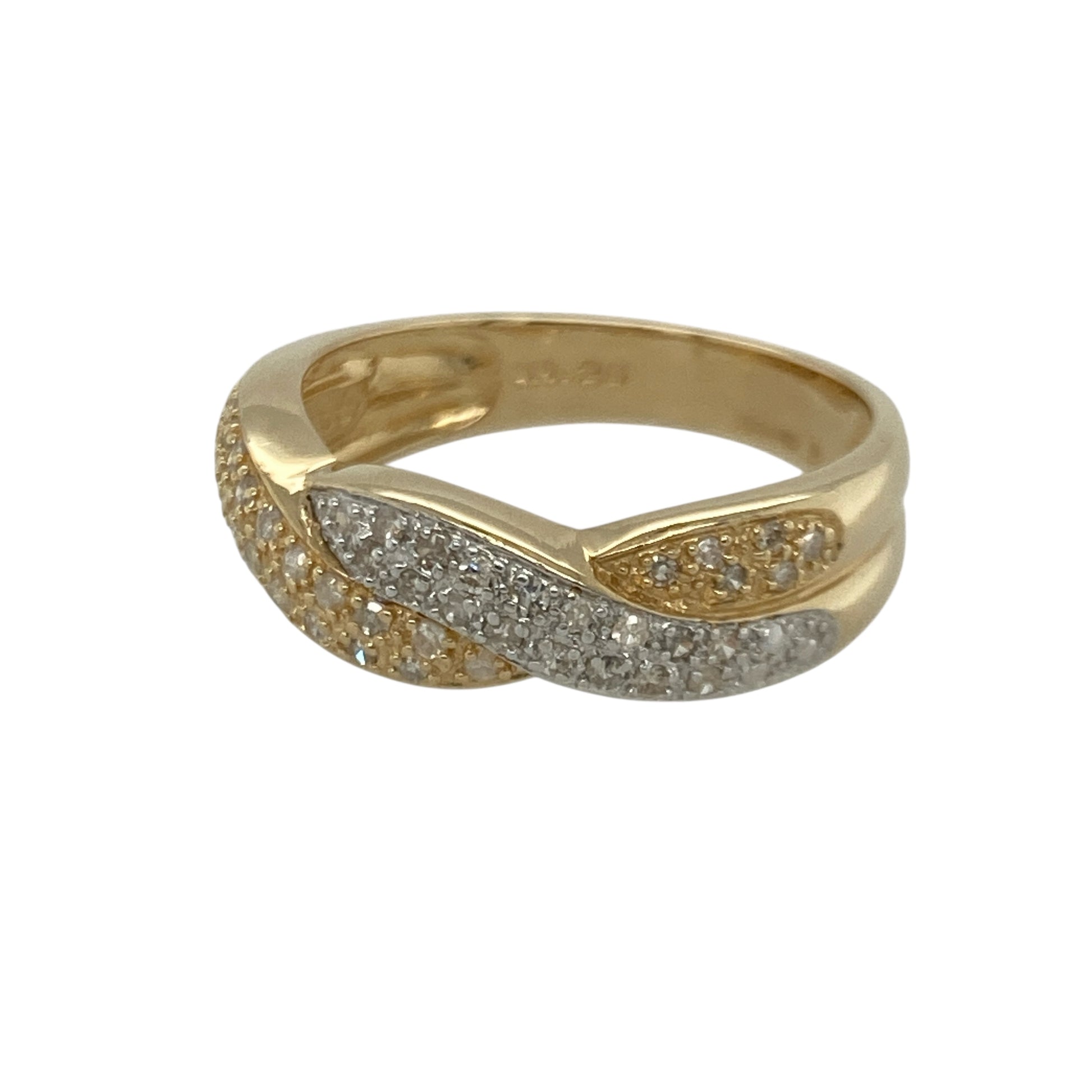 Bring elegant contrast and refined sparkle to your collection with this pre-owned 14ct yellow and white gold diamond twist band ring—an eye-catching piece offering timeless style and graceful movement.

Design: This size O band features a 6mm wide twisted front, enhanced with diamonds that add subtle brilliance along the flowing two-tone design.
Material: Made from 14-carat yellow and white gold, the polished finish enhances the elegant contrast between the metals and the sparkle of the diamonds.
