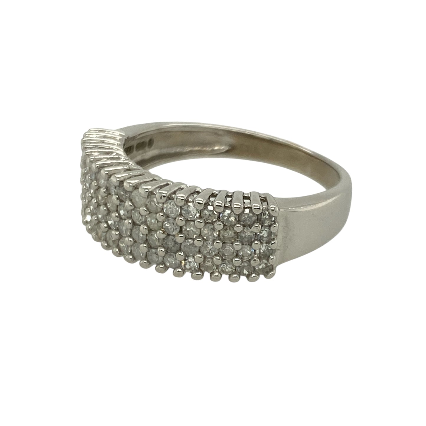 Bring bold sparkle and modern elegance to your collection with this pre-owned 9ct white gold four-row diamond band ring—an impressive piece offering radiant brilliance and contemporary style.

Design: This size P band features a 6mm wide front adorned with four rows of sparkling diamonds, creating a luxurious, light-catching display with approximately 0.75ct of total diamond content.
Material: Made from 9-carat white gold, the cool-toned polished finish enhances the diamonds’ bright, icy sparkle.