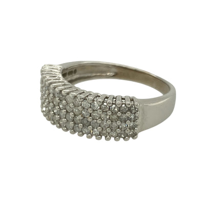 Bring bold sparkle and modern elegance to your collection with this pre-owned 9ct white gold four-row diamond band ring—an impressive piece offering radiant brilliance and contemporary style.

Design: This size P band features a 6mm wide front adorned with four rows of sparkling diamonds, creating a luxurious, light-catching display with approximately 0.75ct of total diamond content.
Material: Made from 9-carat white gold, the cool-toned polished finish enhances the diamonds’ bright, icy sparkle.