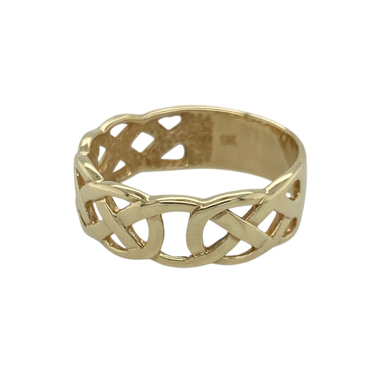 Bring traditional charm and intricate detail to your collection with this pre-owned 9ct yellow gold open Celtic band ring—an elegant piece offering symbolic style and timeless appeal.

Design: This size M band features a 7mm wide openwork Celtic pattern, showcasing flowing interlaced motifs that represent unity, eternity, and heritage.
Material: Made from 9-carat yellow gold, the polished finish enhances its warm, radiant tone and highlights the intricate craftsmanship.