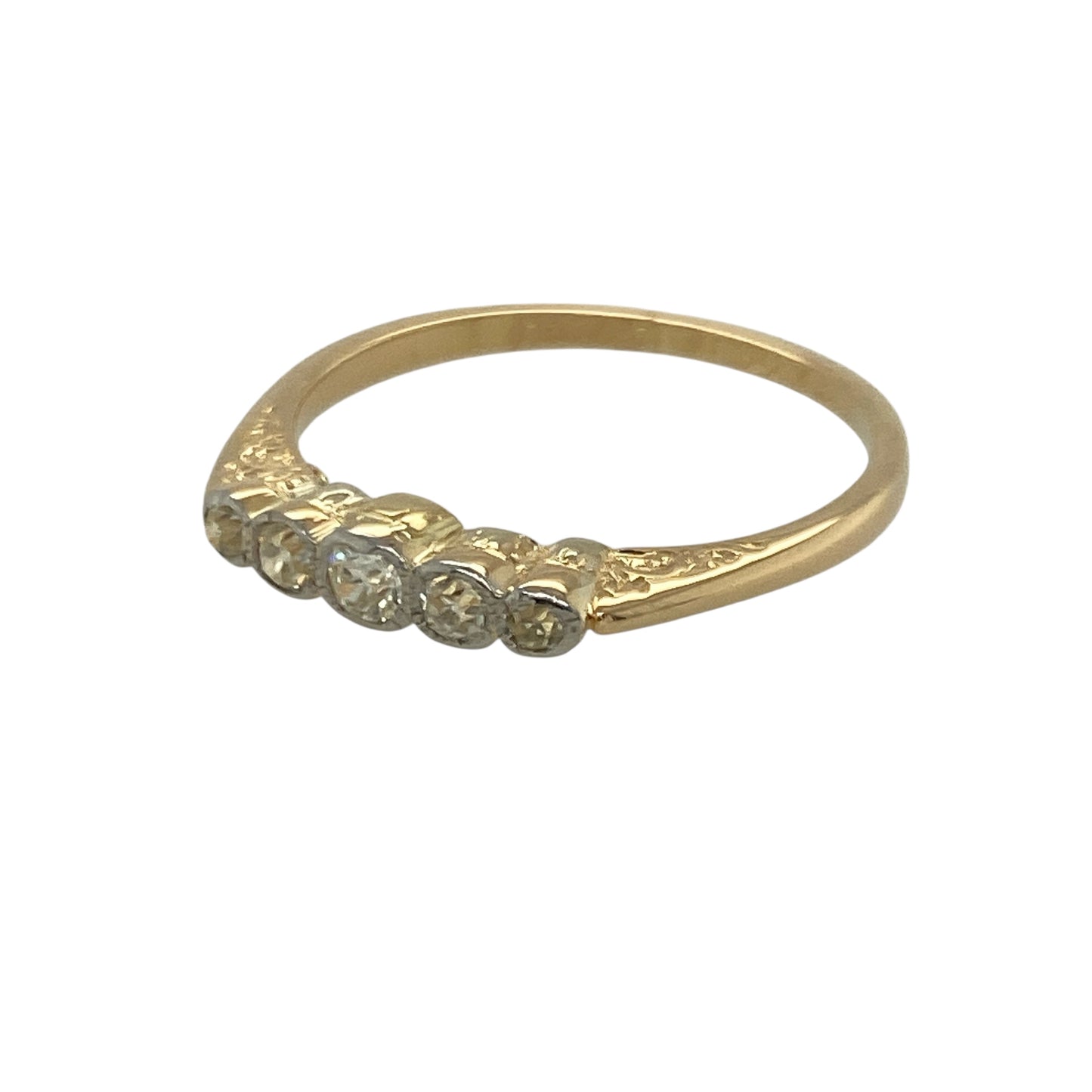 Bring vintage charm and refined sparkle to your collection with this pre-owned 18ct yellow gold rubover-set five stone diamond band ring—an elegant piece offering timeless beauty and classic sophistication.

Design: This size N band features five diamonds in traditional rubover settings, creating a smooth, continuous line of brilliance with a distinctive vintage feel.
Material: Made from 18-carat yellow gold, the rich, warm tone beautifully enhances the diamonds’ natural sparkle.