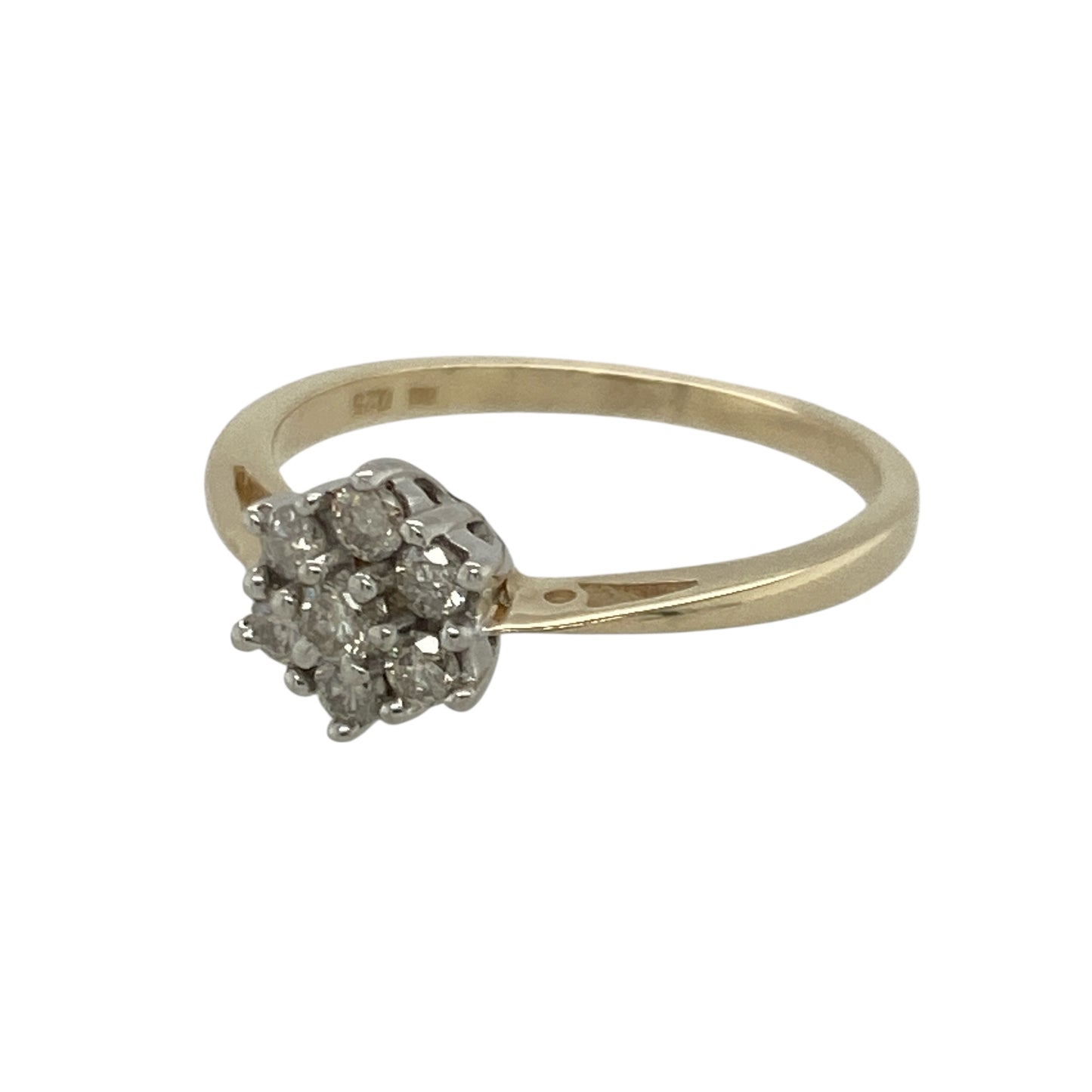 Bring delicate sparkle and classic charm to your collection with this pre-owned 9ct yellow gold diamond flower cluster ring—an elegant piece offering timeless beauty and refined brilliance.

Design: This size M ring features an 8mm high floral cluster adorned with diamonds, creating a pretty, light-catching display with a traditional and feminine appeal.
Material: Made from 9-carat yellow gold, the warm tone enhances the bright sparkle of the diamonds and adds a soft, elegant glow.
