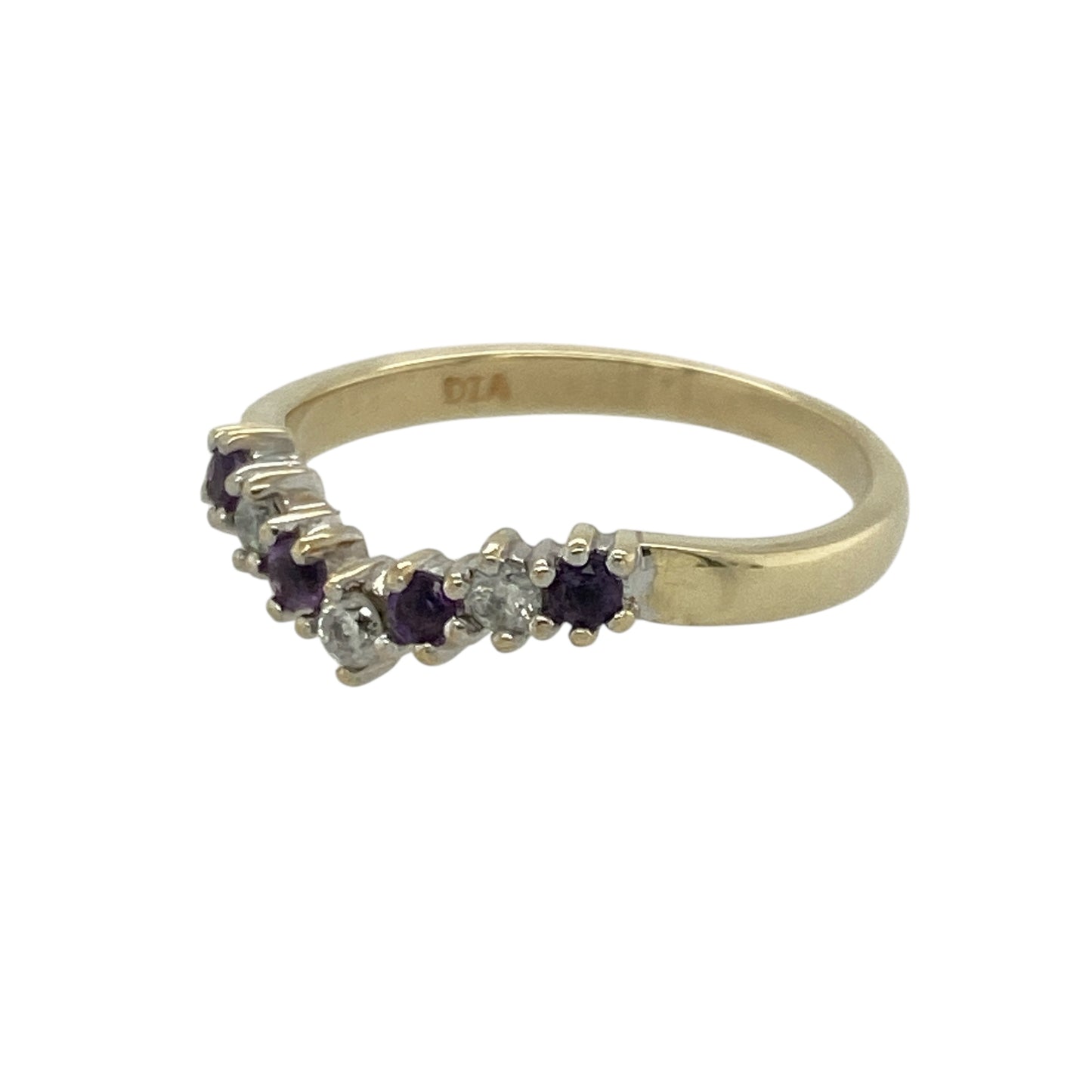 Bring soft colour and elegant sparkle to your collection with this pre-owned 9ct yellow gold amethyst and diamond wishbone ring—an attractive piece offering timeless charm and refined detail.

Design: This size L–M ring features a classic wishbone shape set with 2mm round amethysts, complemented by delicate diamonds for a balanced, light-catching finish.
Material: Made from 9-carat yellow gold, the polished finish enhances both the warm tone of the band and the gentle sparkle of the stones.