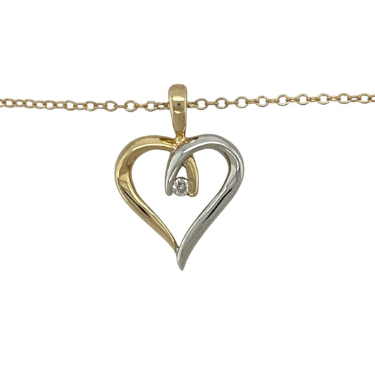 Bring romantic charm and elegant sparkle to your collection with this pre-owned 9ct yellow and white gold diamond open heart pendant necklace—an attractive piece offering timeless beauty and meaningful style.

Design: This 2.2cm pendant features an open heart shape crafted in yellow and white gold, accented with diamonds that add subtle brilliance and refined detail.