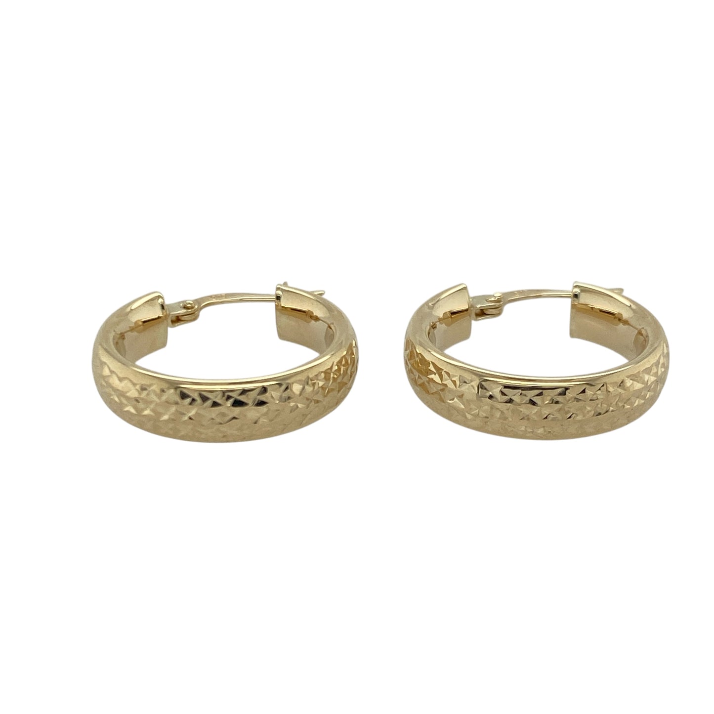 Bring elegant texture and warm golden shine to your collection with these pre-owned 9ct yellow gold textured hoop creole earrings—an attractive pair offering timeless style and refined detail.

Design: These hoop creole earrings feature a textured patterned finish that adds depth, sparkle, and visual interest to their classic shape.
Material: Made from 9-carat yellow gold, the polished surfaces enhance the warm tone of the metal while highlighting the intricate texture.
