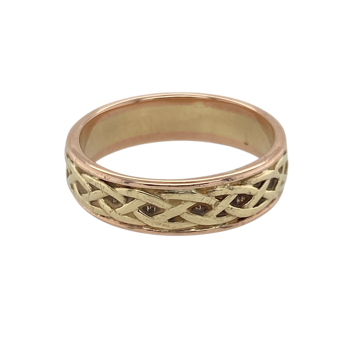 Bring symbolic detail and warm mixed-metal shine to your collection with this pre-owned 9ct yellow and rose gold Clogau Celtic weave ring—an elegant piece offering timeless heritage and refined craftsmanship.

Design: This size R band features a 6mm wide Celtic weave pattern, blending interlaced motifs that represent unity, eternity, and tradition.