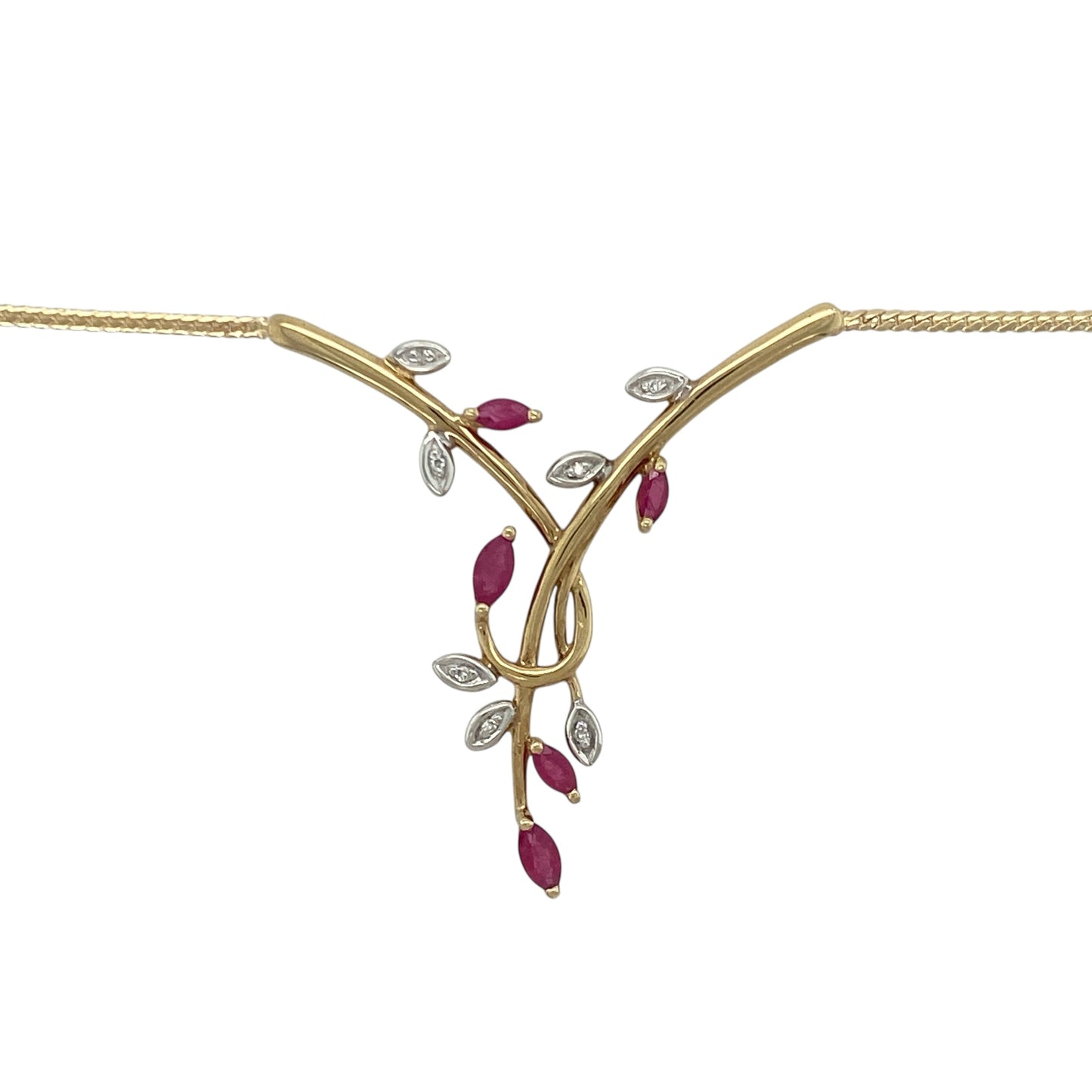 Bring rich colour and elegant sparkle to your collection with this pre-owned 9ct yellow gold ruby and diamond leaf-style necklace—an attractive piece offering timeless charm and refined detail.

Design: This 16" necklace features a flat snake chain adorned with a delicate leaf-style arrangement of rubies and diamonds, creating a graceful, nature-inspired focal point with vibrant colour and subtle brilliance.