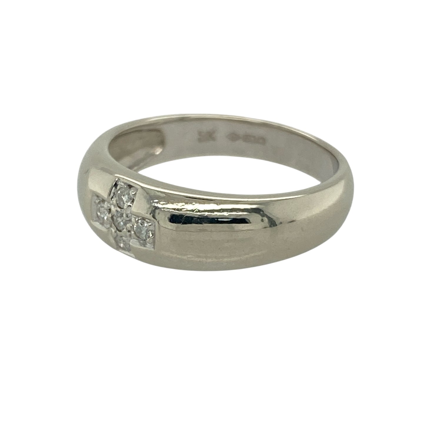 Bring modern sparkle and sleek styling to your jewellery collection with this pre-owned 9ct white gold diamond cross band ring — a contemporary piece with subtle brilliance and everyday appeal.

Design: The front of the band measures 6mm wide and features a stylish cross design highlighted with delicate diamonds for a refined touch of sparkle.
Material: Made from 9ct white gold, the polished finish enhances the clean, modern look and complements the shimmer of the diamonds.