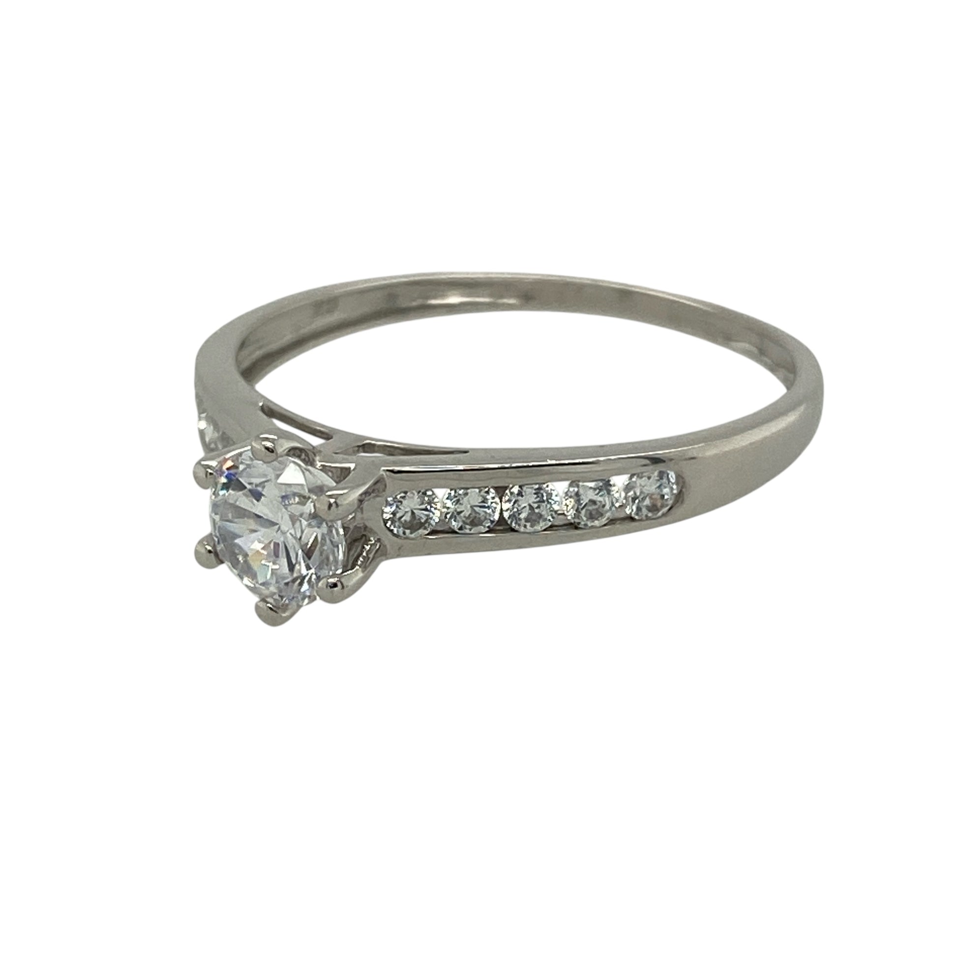 Bring modern sparkle and timeless simplicity to your jewellery collection with this pre-owned 9ct white gold cubic zirconia solitaire ring — an elegant piece with bright, eye-catching detail.

Design: The ring features a 5mm round cubic zirconia at the centre, complemented by additional cubic zirconia stones set along the band for added brilliance and a refined finish.
Material: Made from 9ct white gold, the polished finish enhances the crisp, clean look and highlights the sparkle of the stones.