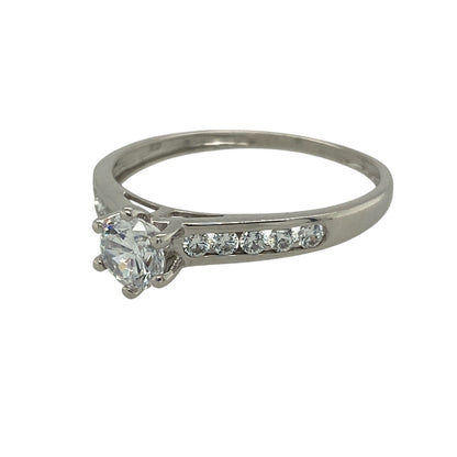 Bring modern sparkle and timeless simplicity to your jewellery collection with this pre-owned 9ct white gold cubic zirconia solitaire ring — an elegant piece with bright, eye-catching detail.

Design: The ring features a 5mm round cubic zirconia at the centre, complemented by additional cubic zirconia stones set along the band for added brilliance and a refined finish.
Material: Made from 9ct white gold, the polished finish enhances the crisp, clean look and highlights the sparkle of the stones.