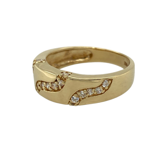 Bring modern elegance and subtle sparkle to your jewellery collection with this pre-owned 18ct yellow gold cubic zirconia wave band ring — a stylish piece with a smooth, contemporary profile.

Design: The front of the band measures 6mm wide and features a flowing wave pattern highlighted with cubic zirconia, adding gentle brilliance to the sculpted form.
Material: Made from 18ct yellow gold, the warm polished finish enhances the fluid design and complements the sparkle of the stones.