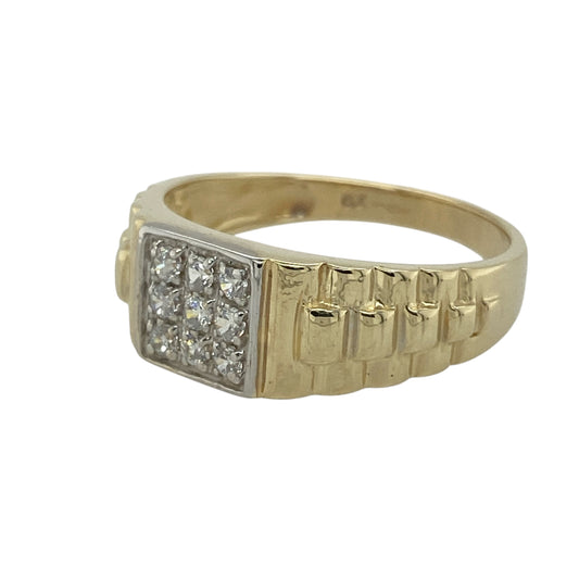 Bring vintage character and bold styling to your jewellery collection with this pre-owned 9ct yellow gold cubic zirconia watch-strap style signet ring — a distinctive piece with eye-catching detail.

Design: The front of the ring measures 8mm high and features a classic signet shape enhanced with a watch-strap style band and subtle cubic zirconia sparkle for added refinement.