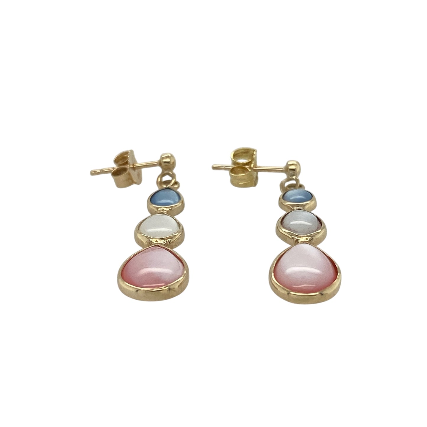 Bring vibrant colour and elegant movement to your accessory collection with these pre-owned 9ct yellow gold blue, white and pink stone drop earrings — a striking pair with graceful, eye-catching detail.

Design: Each earring features a cascading arrangement of stones, finishing with a prominent pink stone measuring approximately 9mm by 7mm. The combination of blue, white and pink creates a bright, colourful display with beautiful contrast.