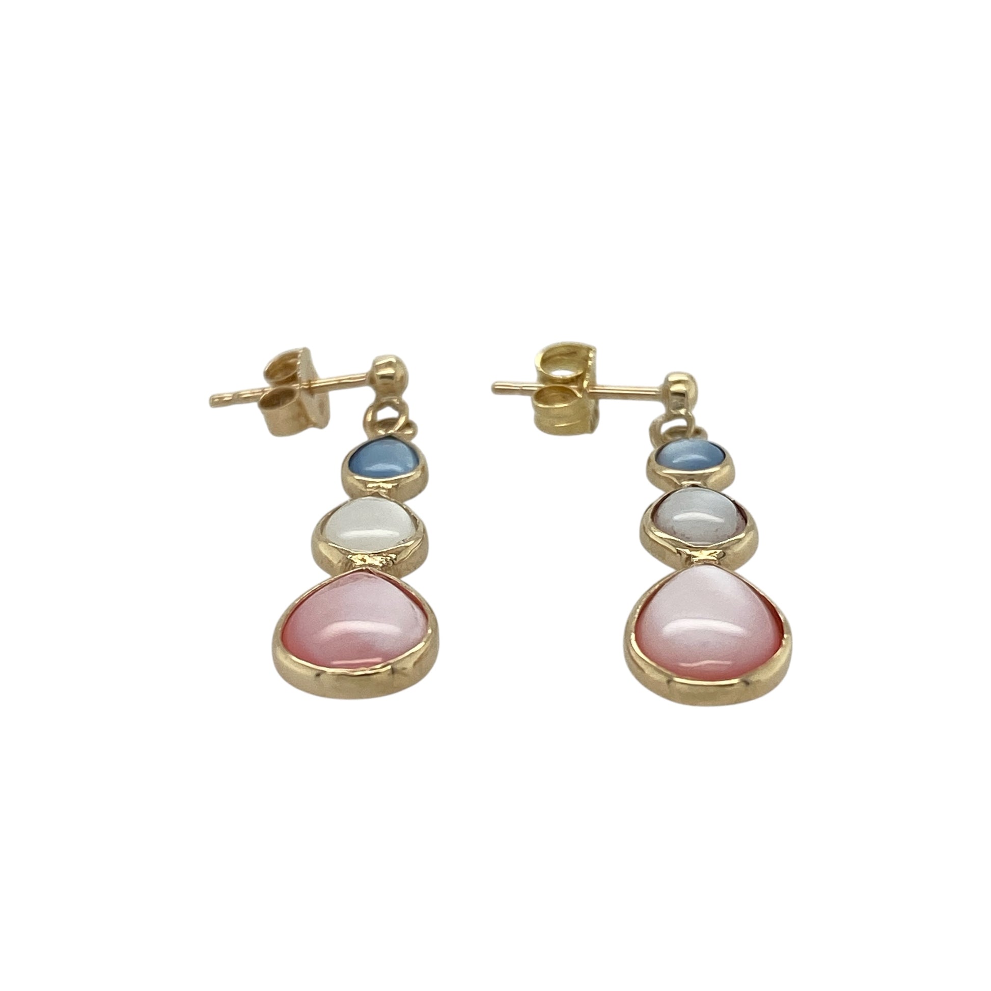 Bring vibrant colour and elegant movement to your accessory collection with these pre-owned 9ct yellow gold blue, white and pink stone drop earrings — a striking pair with graceful, eye-catching detail.

Design: Each earring features a cascading arrangement of stones, finishing with a prominent pink stone measuring approximately 9mm by 7mm. The combination of blue, white and pink creates a bright, colourful display with beautiful contrast.
