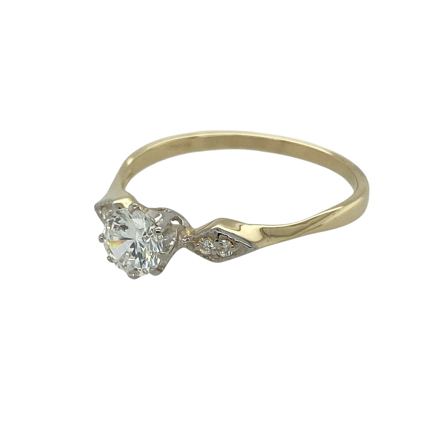 Bring classic sparkle and timeless simplicity to your jewellery collection with this pre-owned 9ct yellow gold cubic zirconia solitaire ring — an elegant piece with bright, refined detail.

Design: The ring features a 5mm round cubic zirconia at the centre, complemented by two smaller stones set on the shoulders for added sparkle and balance.
Material: Made from 9ct yellow gold, the polished finish enhances the warm tone of the band and beautifully complements the brilliance of the stones.