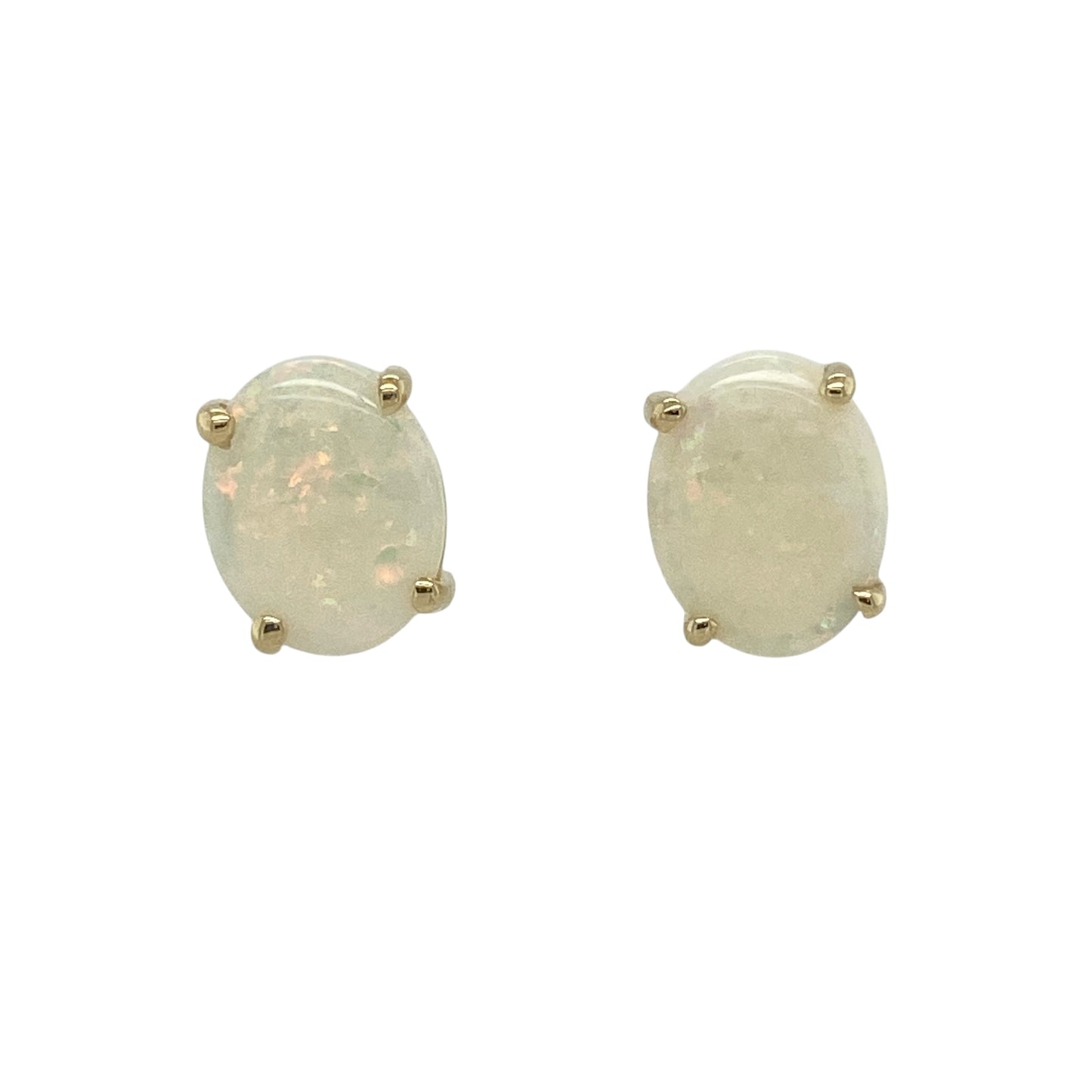 Bring soft shimmer and classic elegance to your accessory collection with these pre-owned 14ct yellow gold opalique oval stud earrings — a graceful pair with timeless appeal.

Design: Each earring features a 9mm by 7mm opalique stone, offering gentle iridescence and a smooth oval shape for a refined, luminous look.
Material: Made from 14ct yellow gold, the polished finish enhances the warm tone of the metal and beautifully complements the soft glow of the opalique stones.