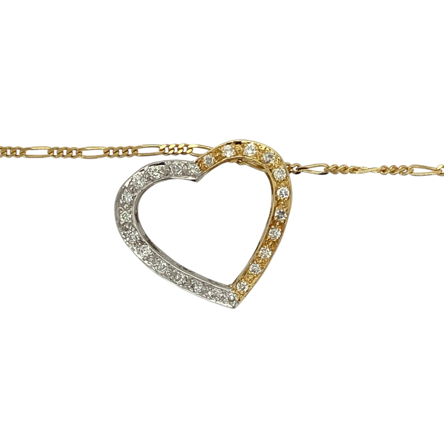 Bring timeless romance and elegant sparkle to your jewellery collection with this pre-owned 18ct yellow and white gold diamond open heart pendant on an 18" figaro chain — a luxurious piece with classic charm and refined brilliance.

Design: The pendant is approximately 2cm in length and features an open heart shape accented with delicate diamonds, creating a graceful, sparkling focal point.