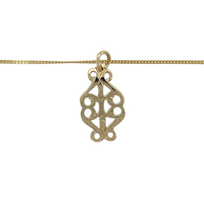 Bring delicate detail and vintage-inspired elegance to your jewellery collection with this pre-owned 9ct yellow gold filigree pendant on an 18" curb chain — a graceful piece with timeless charm.

Design: The pendant measures 2.2cm in length including the bail and features an intricate filigree pattern, showcasing elegant openwork and refined scrolling detail.