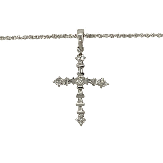 Bring meaningful elegance and refined sparkle to your jewellery collection with this pre-owned 9ct white gold diamond cross pendant on an 18" sparkle chain — a timeless piece with bright, graceful charm.

Design: The pendant measures 3cm in length including the bail and features a slender cross design accented with delicate diamonds, creating a beautiful blend of simplicity and brilliance.