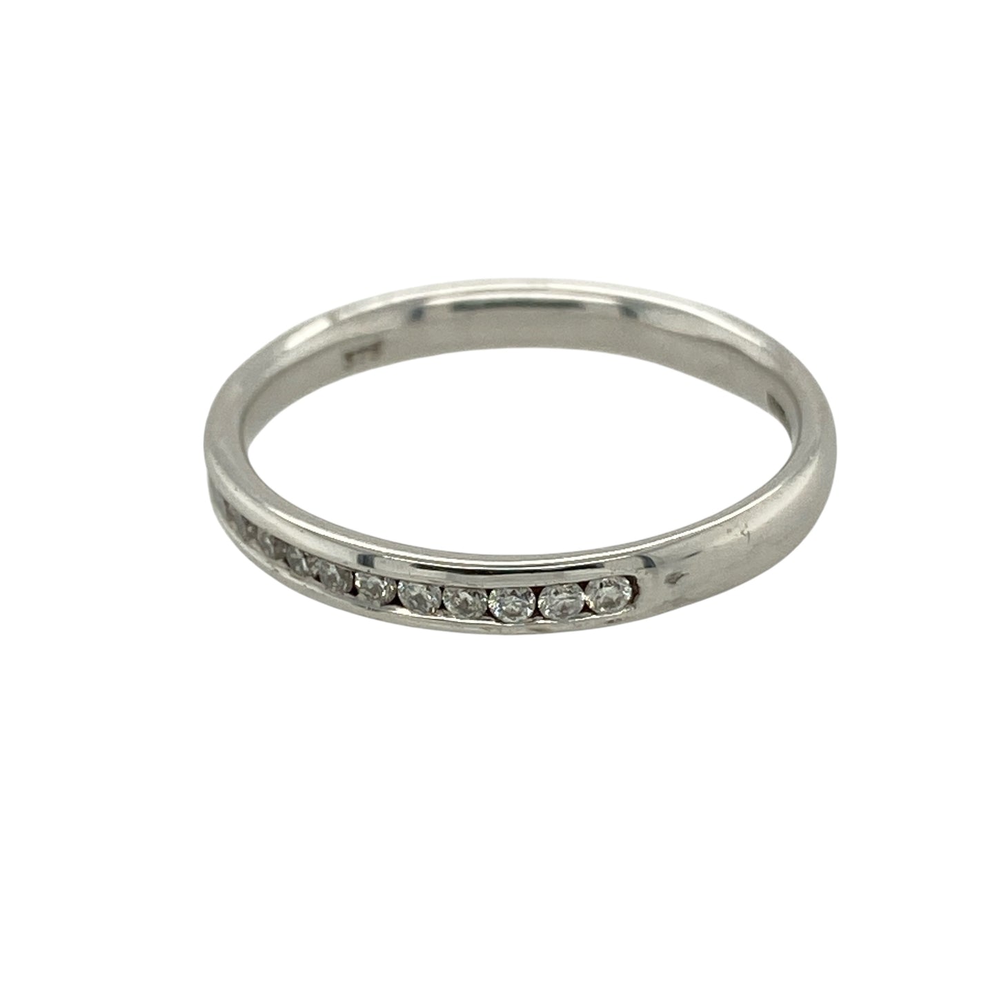 Bring subtle sparkle and modern elegance to your jewellery collection with this new 9ct white gold diamond band ring — a refined piece perfect for everyday wear or stacking.

Design: The front of the band measures 3mm wide and features a line of sparkling diamonds, offering a clean, contemporary look with gentle brilliance.
Material: Made from 9ct white gold, the polished finish enhances the cool, sleek tone of the metal and beautifully complements the diamonds’ bright sparkle.