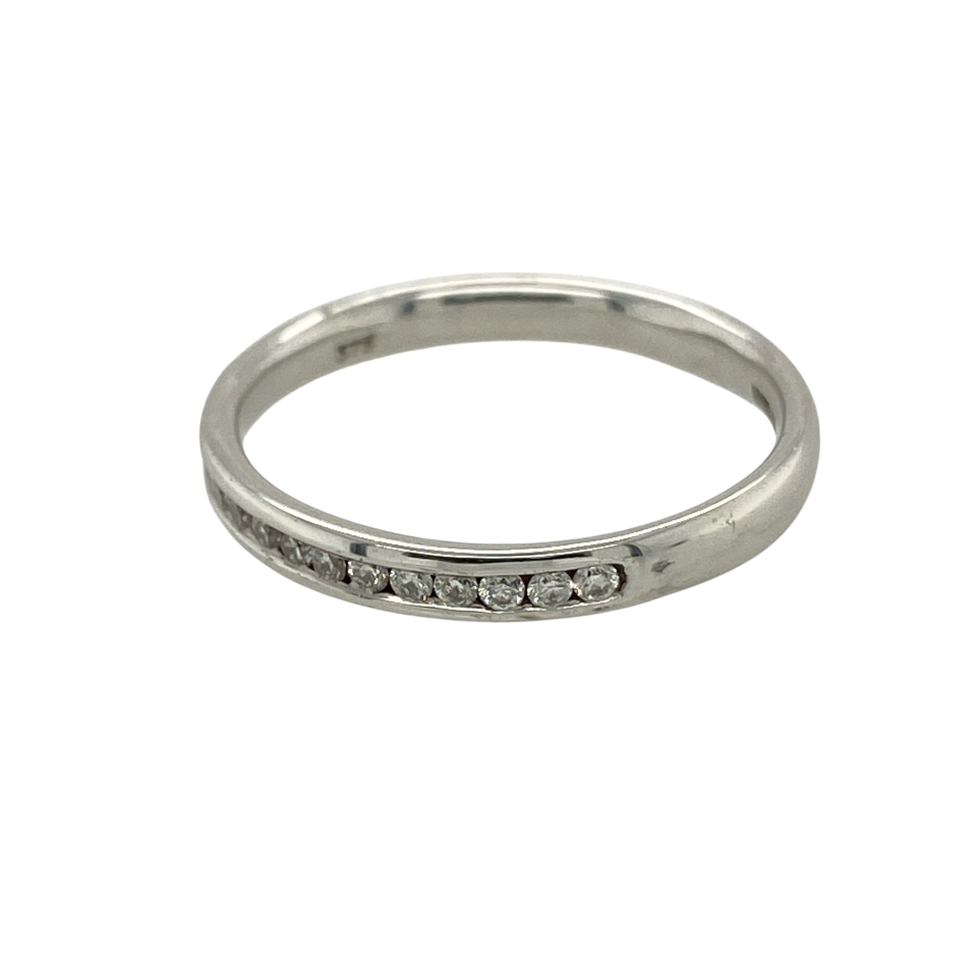 Bring subtle sparkle and modern elegance to your jewellery collection with this new 9ct white gold diamond band ring — a refined piece perfect for everyday wear or stacking.

Design: The front of the band measures 3mm wide and features a line of sparkling diamonds, offering a clean, contemporary look with gentle brilliance.
Material: Made from 9ct white gold, the polished finish enhances the cool, sleek tone of the metal and beautifully complements the diamonds’ bright sparkle.
