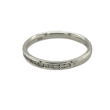 Bring subtle sparkle and modern elegance to your jewellery collection with this new 9ct white gold diamond band ring — a refined piece perfect for everyday wear or stacking.

Design: The front of the band measures 3mm wide and features a line of sparkling diamonds, offering a clean, contemporary look with gentle brilliance.
Material: Made from 9ct white gold, the polished finish enhances the cool, sleek tone of the metal and beautifully complements the diamonds’ bright sparkle.