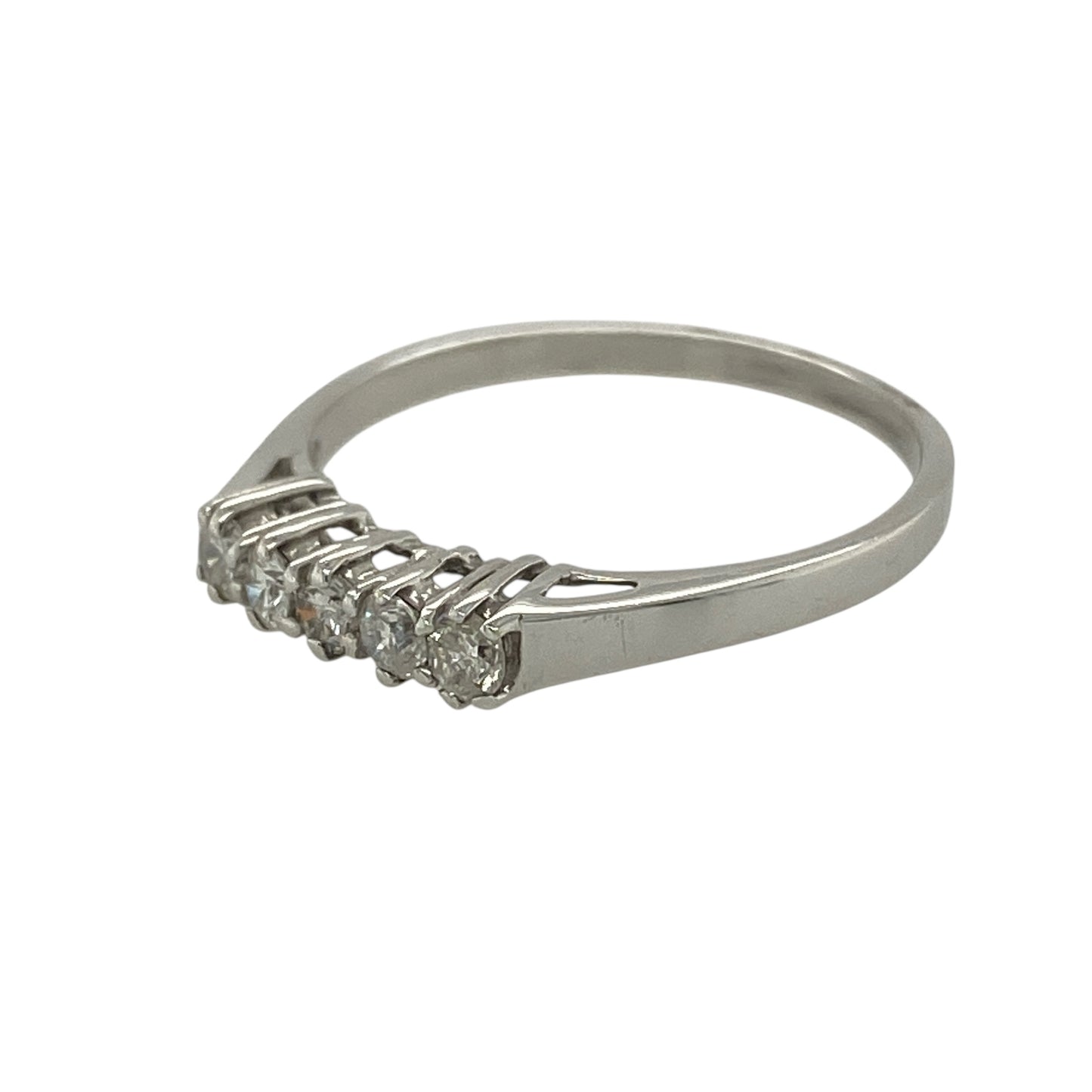 Bring classic sparkle and elegant simplicity to your jewellery collection with this new 9ct white gold five-stone diamond band ring — a timeless design with bright, refined brilliance.

Design: The ring features five brilliant-cut diamonds arranged across the band, offering a balanced and radiant display with a graceful, traditional look.
Material: Made from 9ct white gold, the polished finish enhances the cool, contemporary tone of the metal and beautifully complements the diamonds’ lively sparkle.