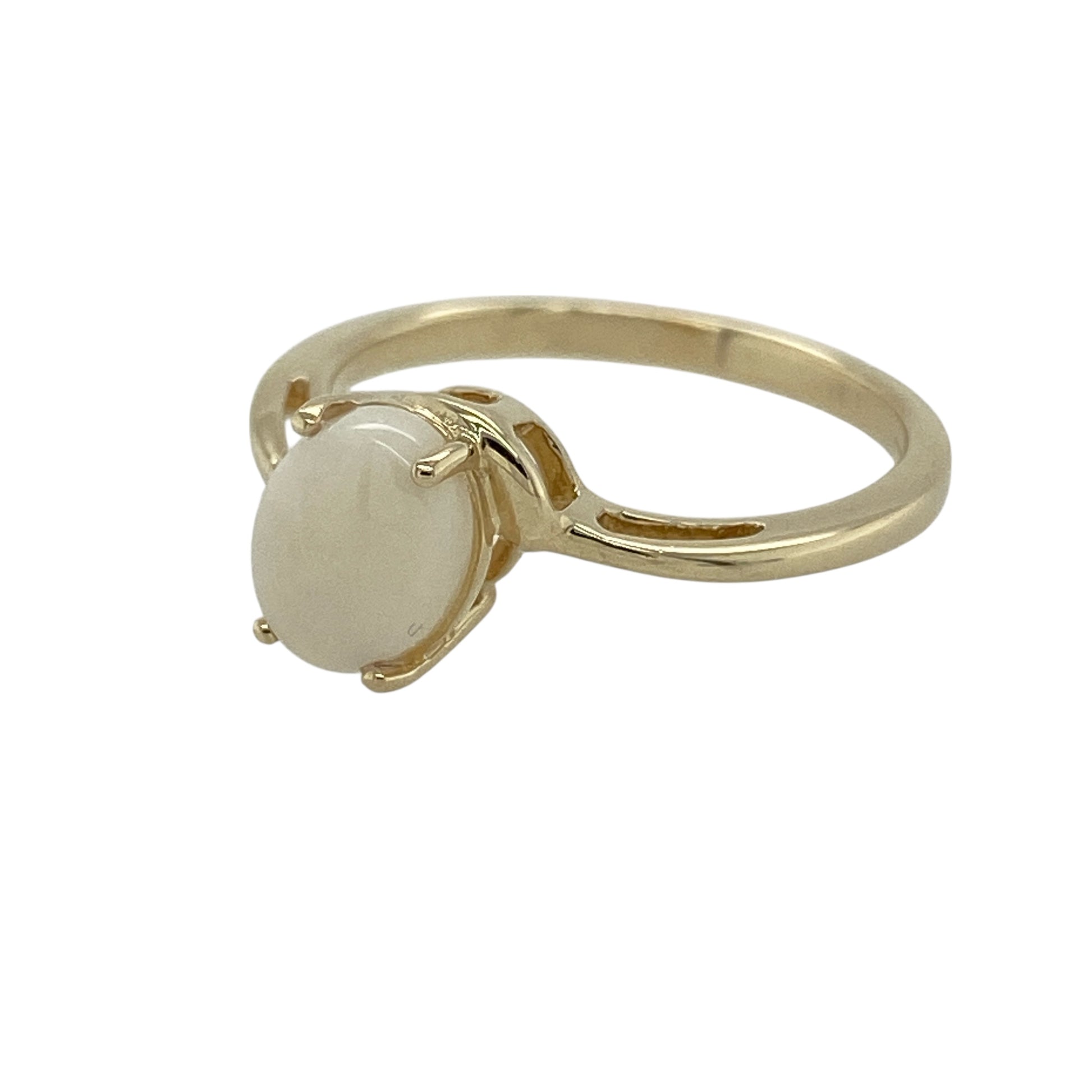 Bring soft iridescence and classic golden warmth to your collection with this pre-owned 9ct yellow gold opalique set ring—an elegant piece that offers gentle colour play and timeless charm.

Design: This graceful ring features an 8mm by 6mm oval opalique at its centre, displaying delicate flashes of colour that shift beautifully in the light. The polished band frames the stone with a simple yet refined look, allowing the opalique’s character to stand out.