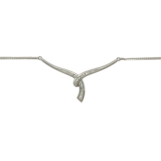 Bring refined sparkle and contemporary elegance to your collection with this pre-owned 9ct white gold cubic zirconia wrap-over Y-shaped necklace—an eye-catching piece designed to sit gracefully along the neckline.

Design: This stylish necklace features a wrap-over Y-shaped drop adorned with bright cubic zirconia stones, creating a sleek, elongated silhouette that catches the light beautifully. The modern design adds movement and sophistication, making it perfect for both day and evening wear.