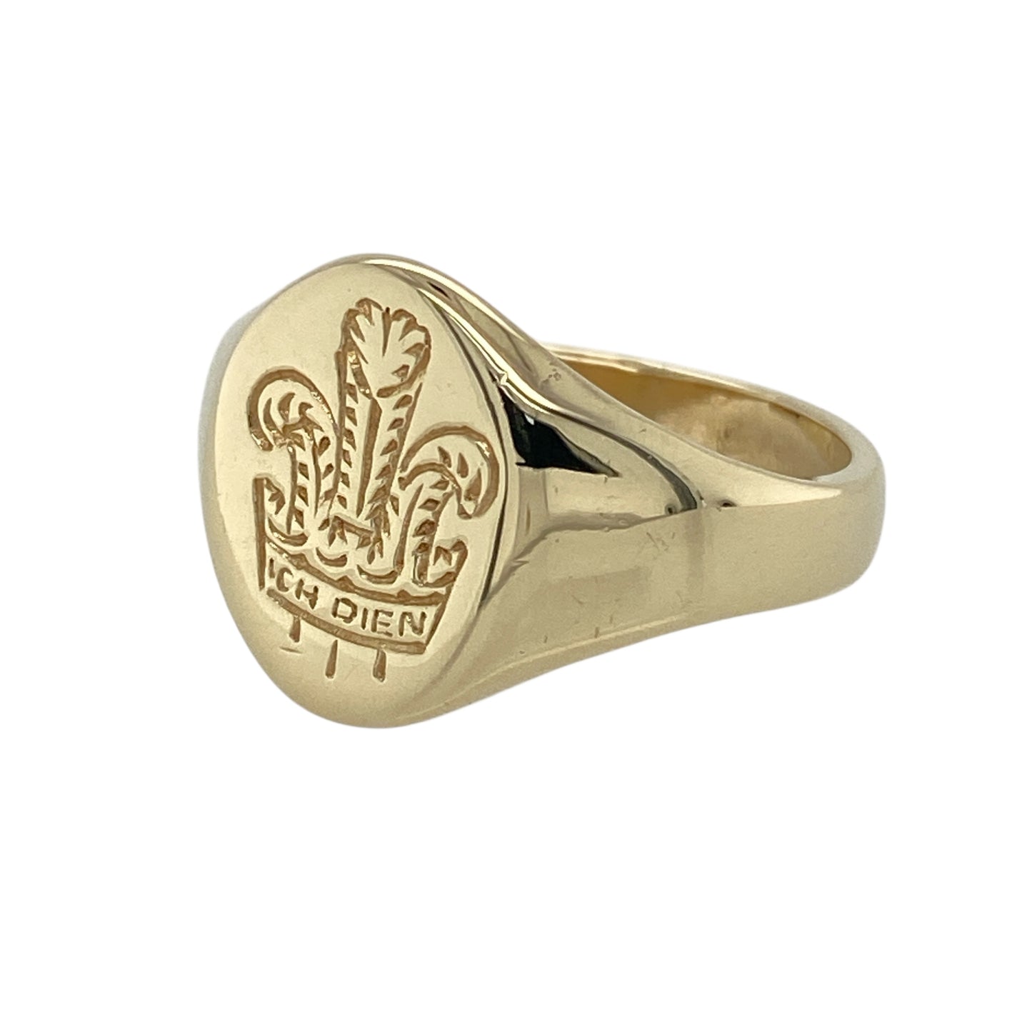 Bring timeless heritage and bold golden style to your collection with this pre-owned 9ct yellow gold Welsh Three Feathers signet ring—an iconic symbol presented with strong presence and refined detail.

Design: The front of the ring measures 14mm high and features the distinguished Welsh Three Feathers emblem, offering clear detail and cultural significance. The polished signet profile enhances the motif, creating a traditional yet striking look.