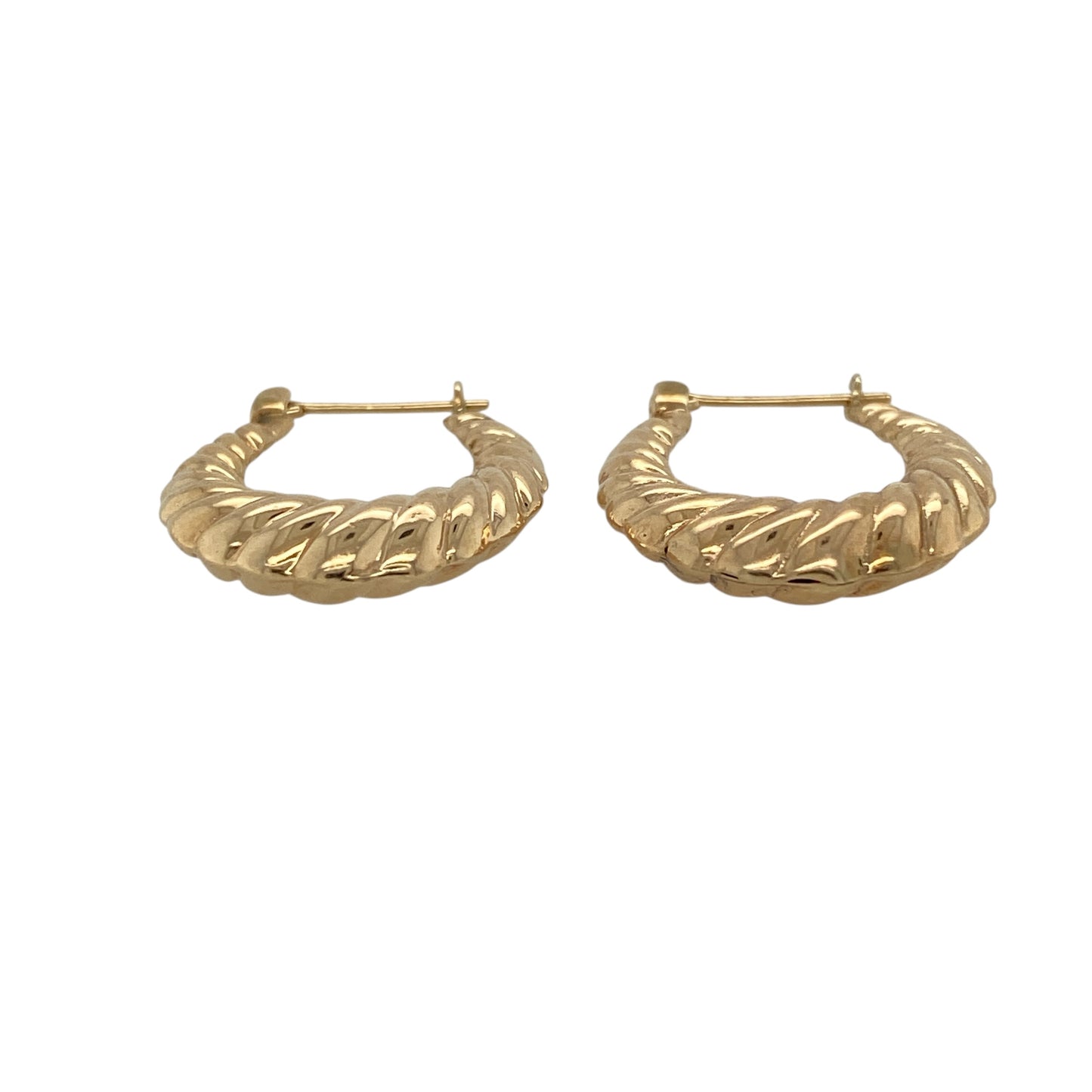 Bring elegant movement and classic golden shine to your collection with these pre-owned 9ct yellow gold twisted oval creole earrings—stylish pieces with a refined, timeless look.

Design: These earrings feature an oval creole shape with a gentle twisted design, adding flowing texture and visual interest. The polished finish enhances the curves, creating a warm, radiant glow with every turn.