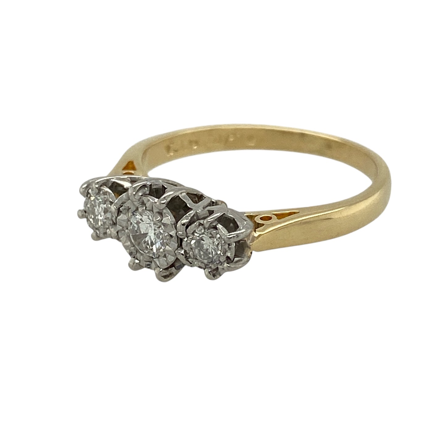 Bring timeless elegance and enhanced sparkle to your collection with this pre-owned 18ct yellow gold diamond illusion set trilogy ring—an enduring design with classic symbolism and refined brilliance.

Design: This elegant trilogy ring features three illusion-set diamond sections, designed to maximise sparkle and create the appearance of larger stones. With approximately 0.25ct of total diamond content, the trilogy arrangement symbolises past, present, and future, giving the ring both beauty and meaning.