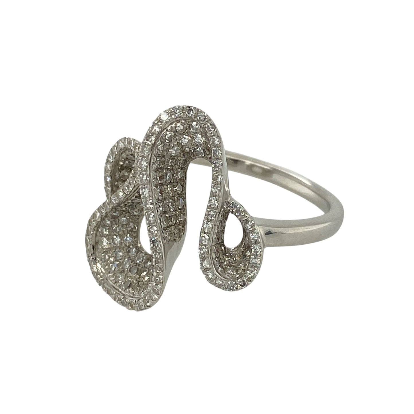 Bring dazzling sparkle and contemporary elegance to your collection with this pre-owned 18ct white gold diamond pavé swirl ring—an eye-catching statement piece with luxurious presence.

Design: This striking ring features a flowing swirl design, pavé set with diamonds to create exceptional brilliance and movement. The front of the ring measures approximately 1.9cm long, giving it a bold, elegant silhouette that catches the light beautifully.