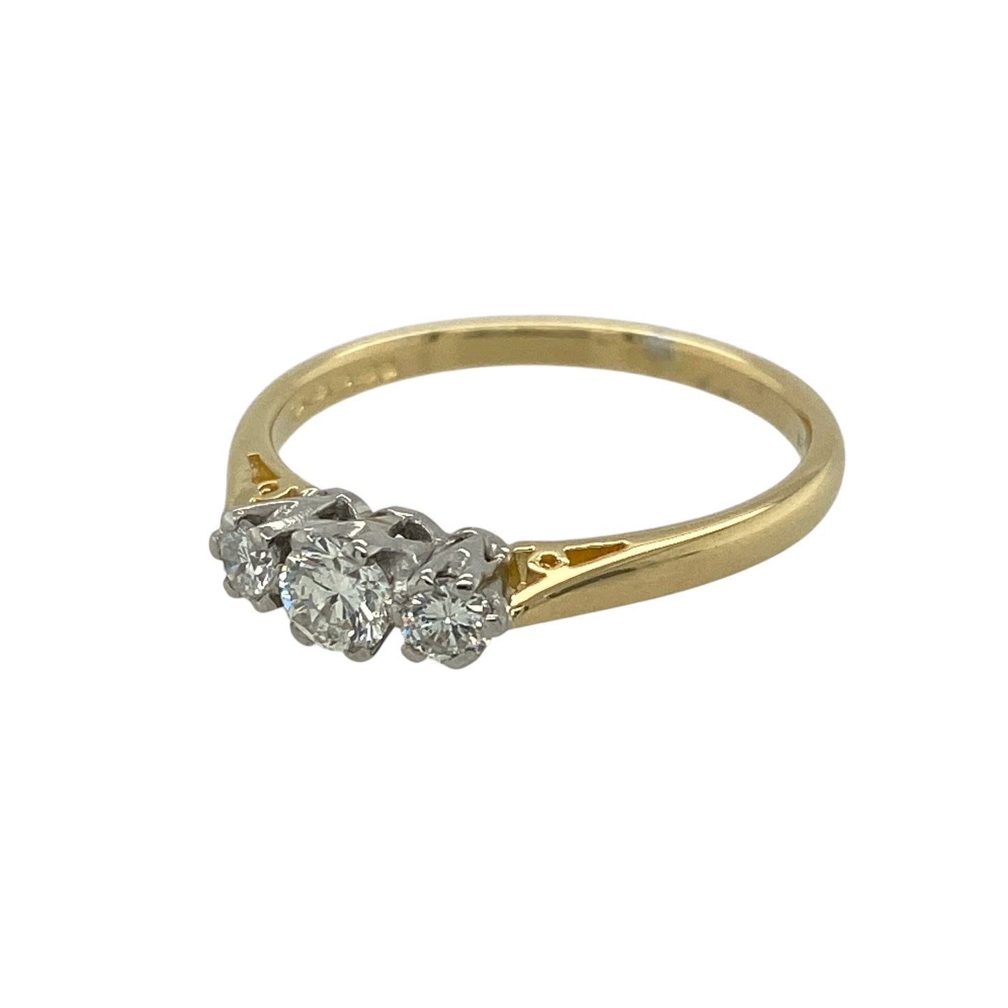 Bring timeless elegance and meaningful sparkle to your jewellery collection with this pre-owned 18ct yellow gold & diamond set trilogy ring, offering classic design with beautiful balance and brilliance.

Design: The ring features a traditional trilogy arrangement, with a central diamond flanked by two smaller diamonds, creating a harmonious and elegant focal point.