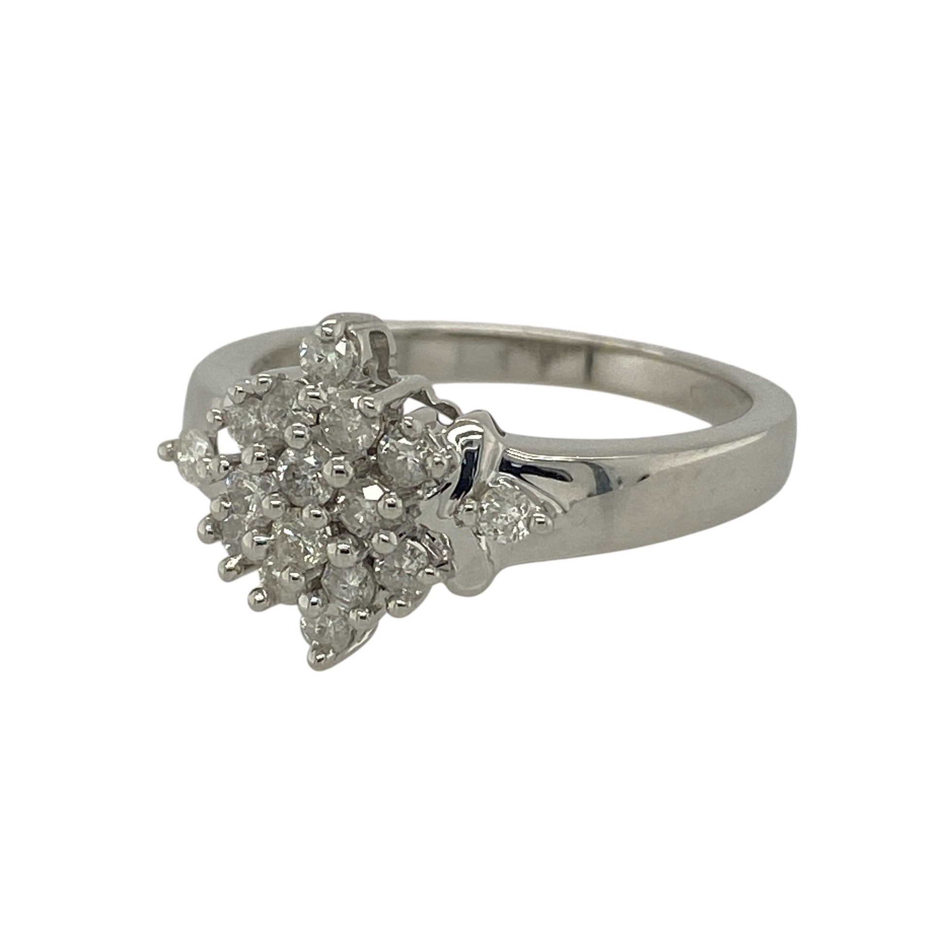 Bring elegant sparkle and timeless appeal to your jewellery collection with this pre-owned 9ct white gold & diamond set cluster ring, offering classic design and refined brilliance.

Design: The ring features a traditional cluster arrangement, with multiple diamonds grouped together to create a radiant and eye-catching focal point.
Material: Made from 9-carat white gold, the bright polished finish enhances the sparkle of the diamonds and gives the ring a clean, contemporary look.