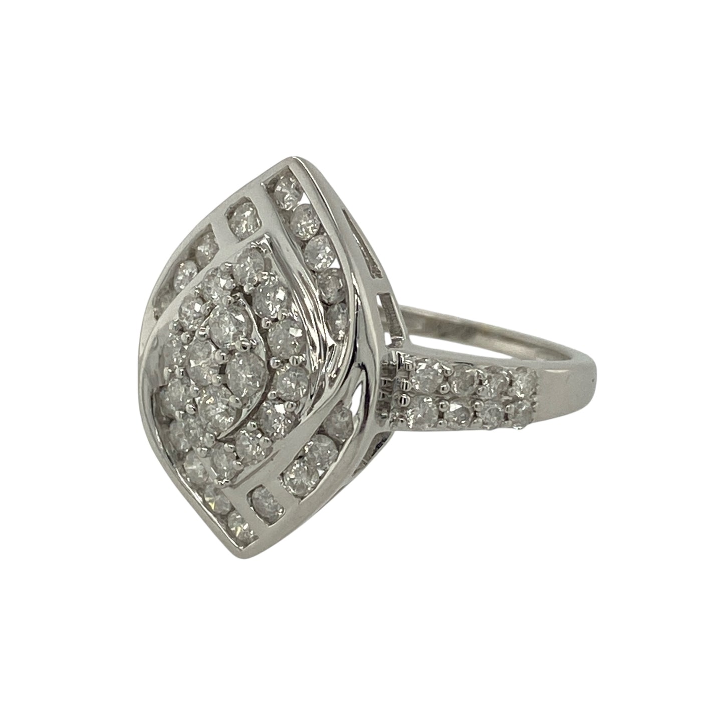 Bring elegant sparkle and striking shape to your jewellery collection with this pre-owned 9ct white gold & diamond set marquise-shaped cluster ring, designed to make a refined statement.

Design: The ring features a marquise-shaped cluster of diamonds, creating a graceful elongated silhouette that draws the eye and enhances finger length.
Material: Made from 9-carat white gold, the bright polished finish complements the diamonds and gives the ring a clean, contemporary look.