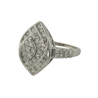 Bring elegant sparkle and striking shape to your jewellery collection with this pre-owned 9ct white gold & diamond set marquise-shaped cluster ring, designed to make a refined statement.

Design: The ring features a marquise-shaped cluster of diamonds, creating a graceful elongated silhouette that draws the eye and enhances finger length.
Material: Made from 9-carat white gold, the bright polished finish complements the diamonds and gives the ring a clean, contemporary look.