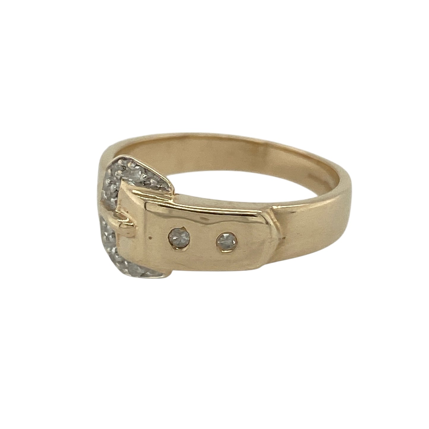 Bring timeless symbolism and classic elegance to your jewellery collection with this pre-owned 9ct yellow gold & diamond set buckle ring, offering a distinctive design with refined sparkle.

Design: The ring features a traditional buckle motif to the front, symbolising strength and commitment, accented with diamond detailing for subtle brilliance.
Material: Made from 9-carat yellow gold, the warm polished finish enhances the character of the buckle design and the sparkle of the diamonds.