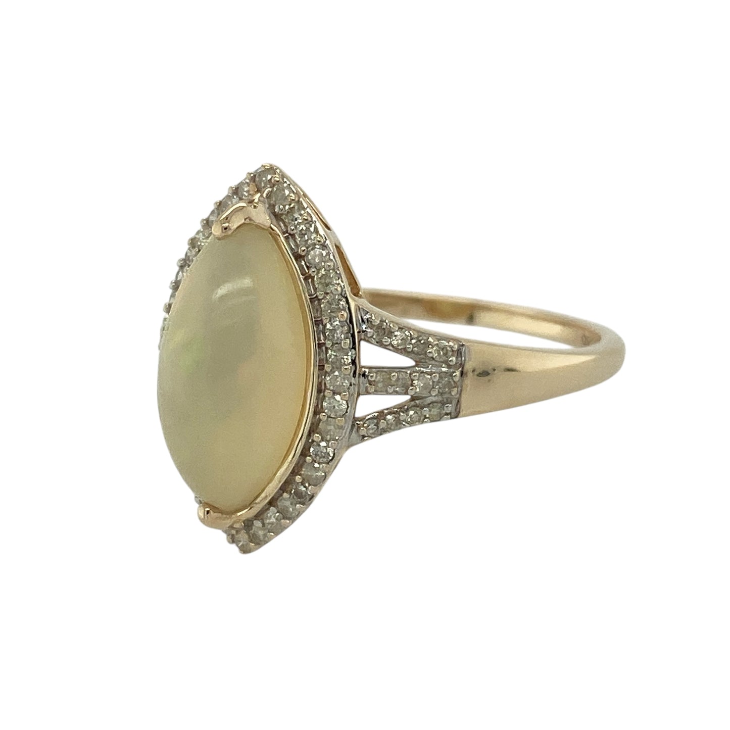 Bring luminous colour and elegant sparkle to your jewellery collection with this pre-owned 9ct yellow gold diamond & opalique set marquise ring, offering a striking and graceful design.

Design: The ring features a marquise-shaped opalique centre stone, surrounded by diamonds, with additional diamond detailing along the shoulders for added brilliance and refinement.