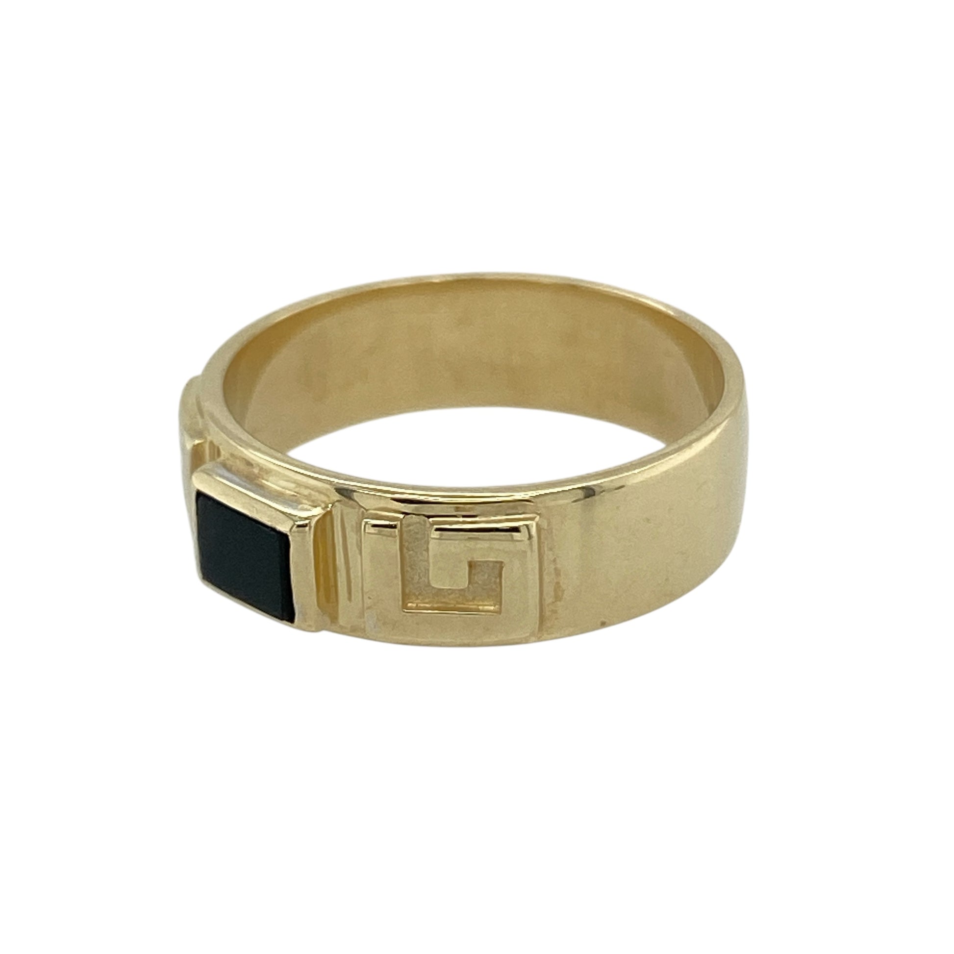 Bring bold contrast and timeless Welsh design to your jewellery collection with this pre-owned 9ct yellow gold & onyx set Clogau Greek Key band ring, offering classic style with refined detail.

Design: The ring features a Greek key pattern around the band, accented with a rectangular onyx stone that adds striking contrast and visual interest.
Material: Made from 9-carat yellow gold, the warm polished finish beautifully complements the deep black tone of the onyx and highlights the signature Clogau styling.